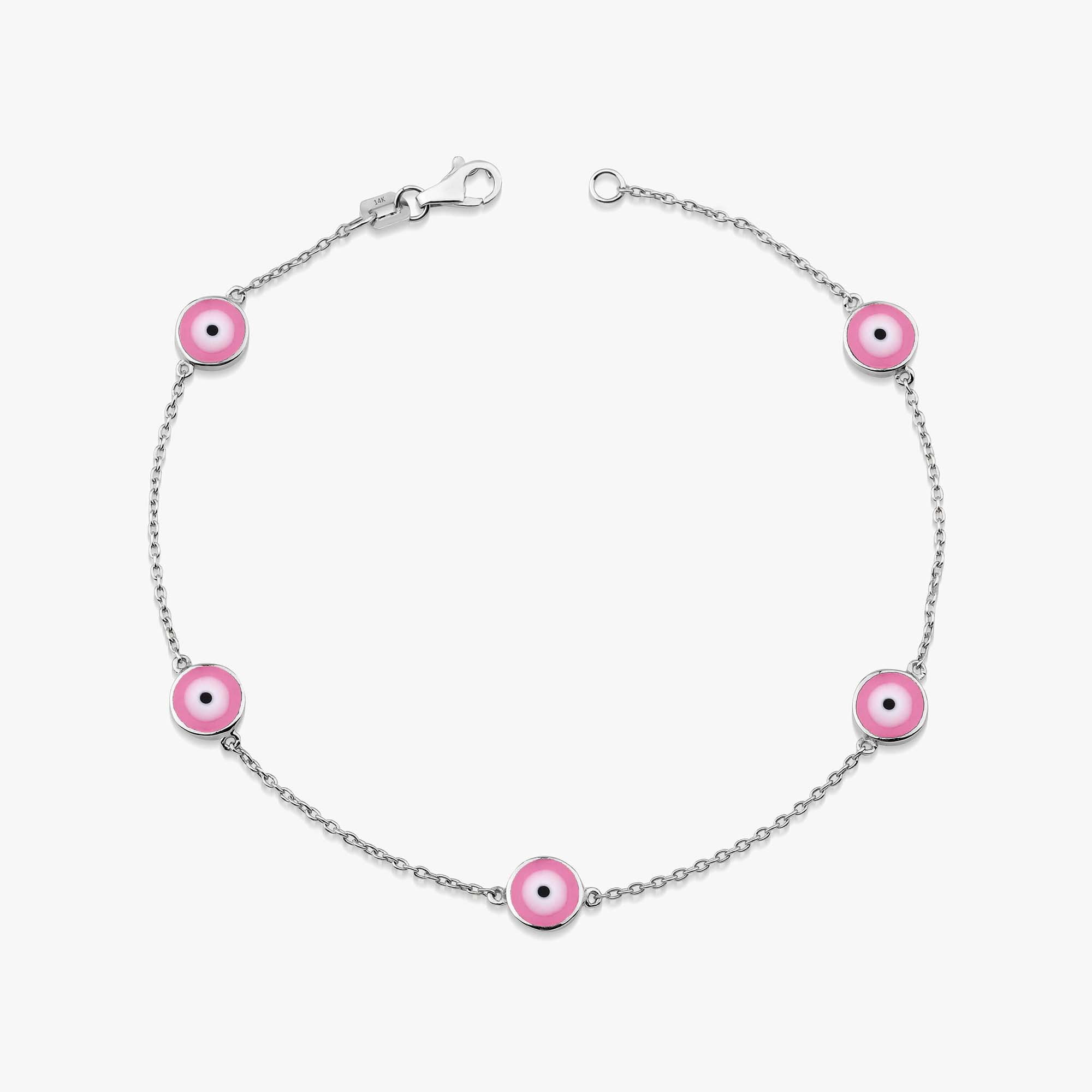 14k white gold evil eye bracelet with 5 royal pink evil eyes on a white background