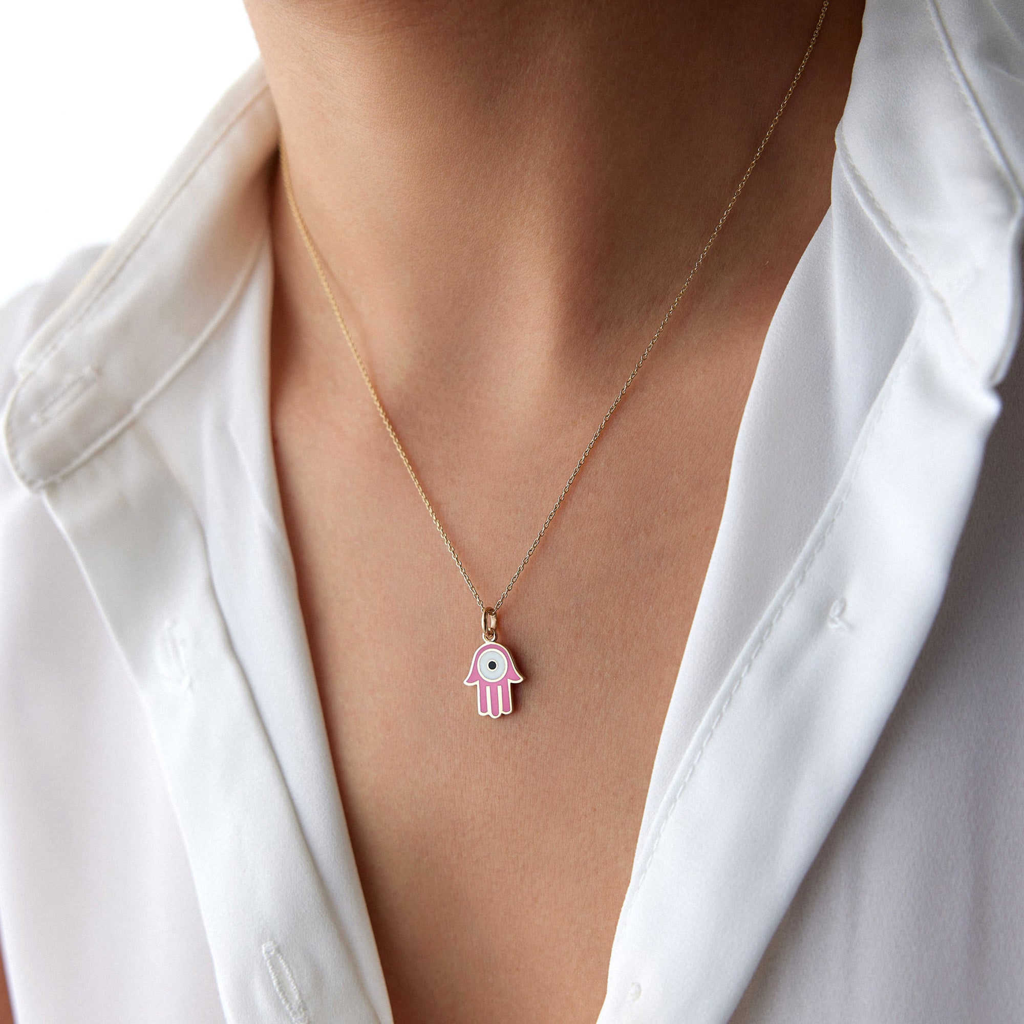 Pink Hamsa Necklace in 14K Gold