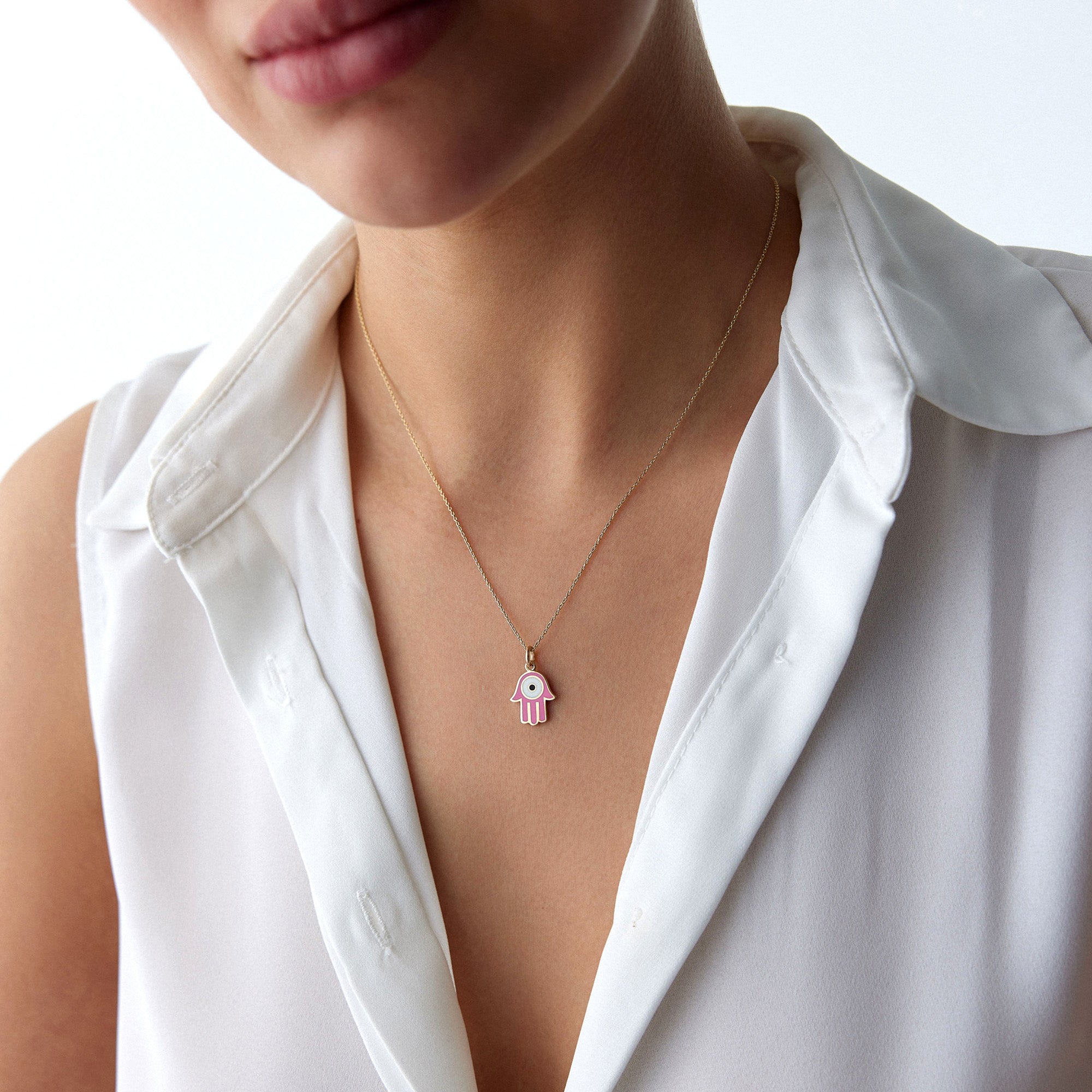 Pink Hamsa Necklace in 14K Gold