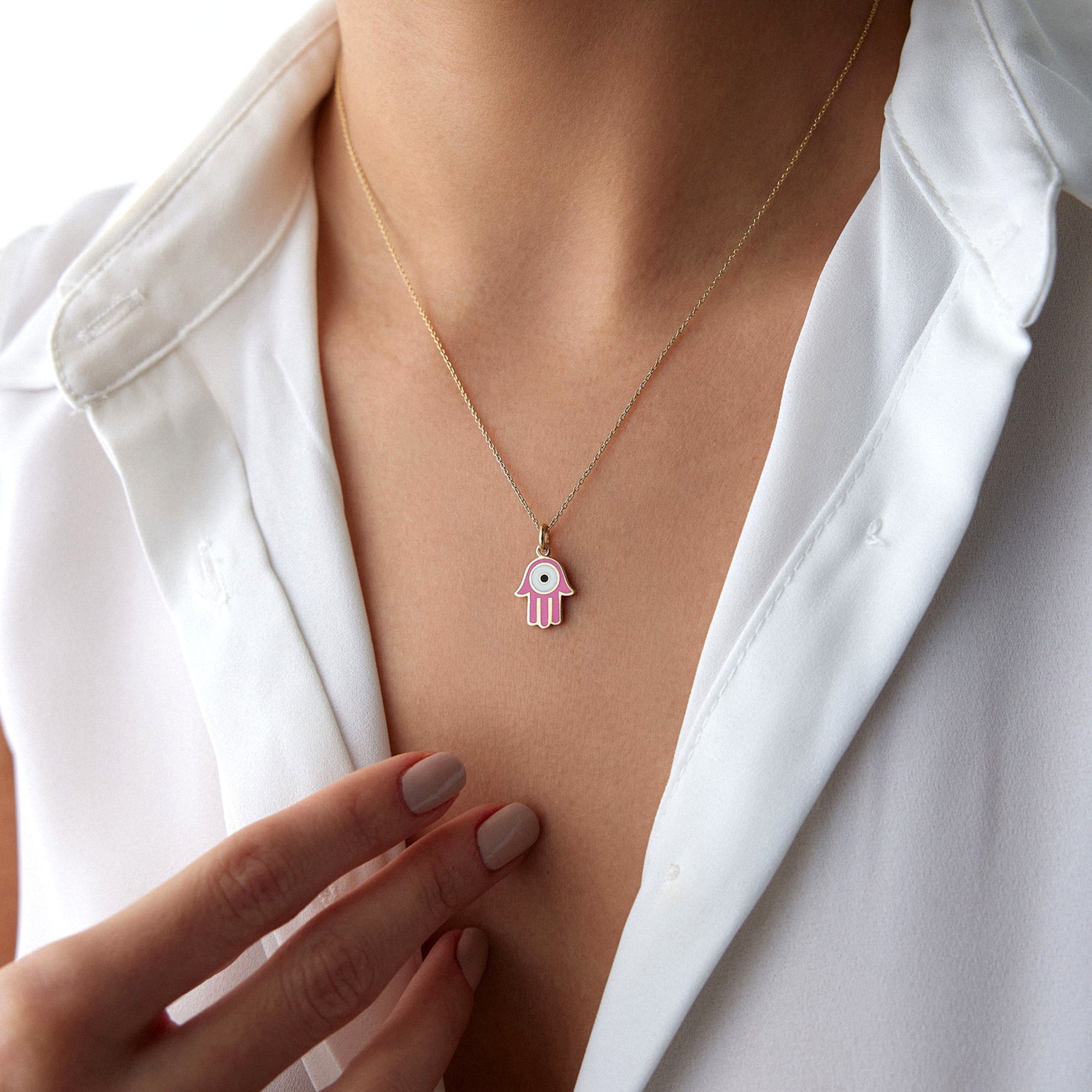 Pink Hamsa Necklace in 14K Gold
