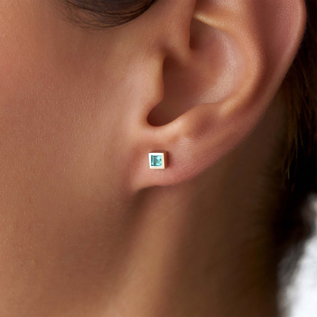 Mini Bezel Set Princess Cut Emerald Studs in 14K Gold
