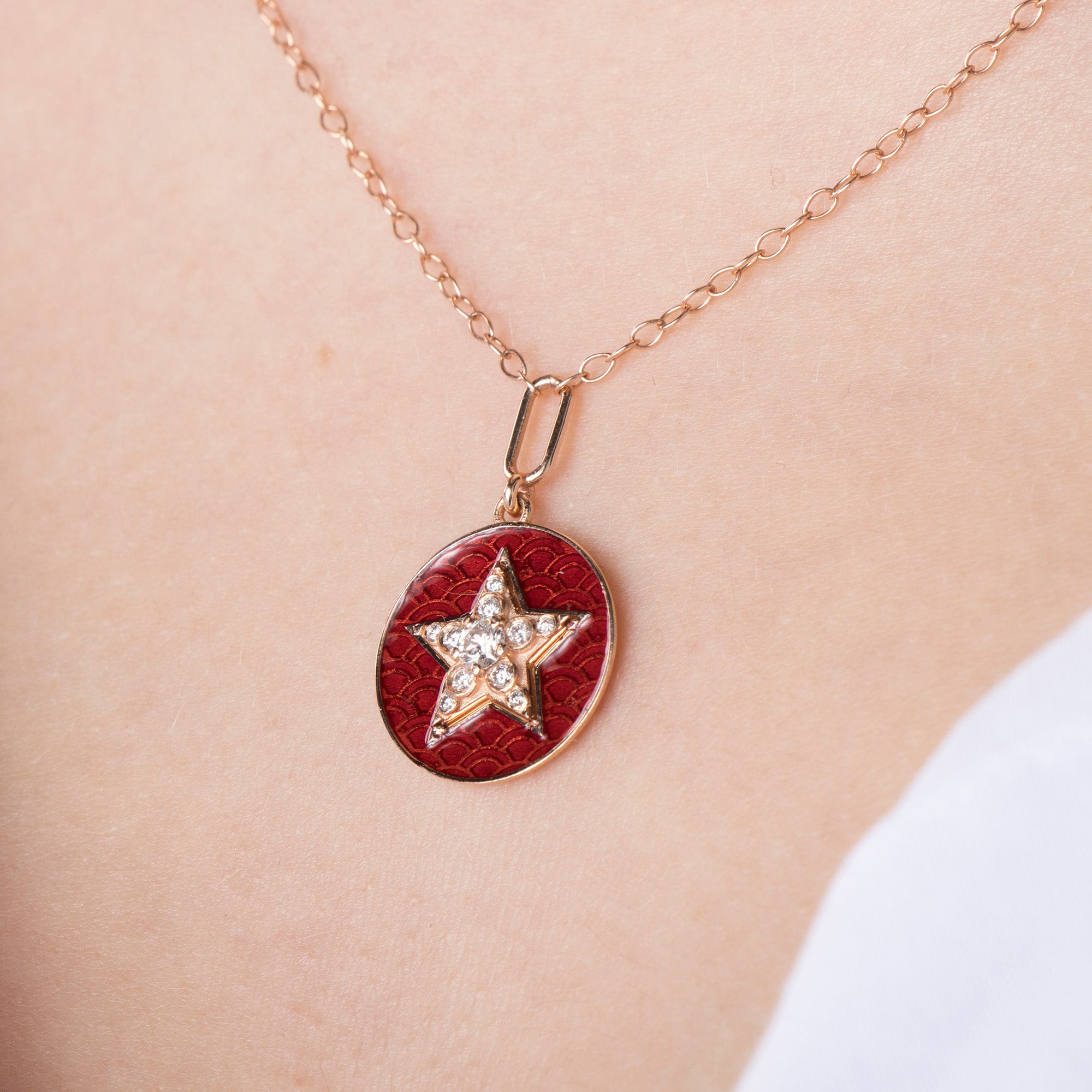 Red Enamel Diamond Star Necklace in 14K Gold