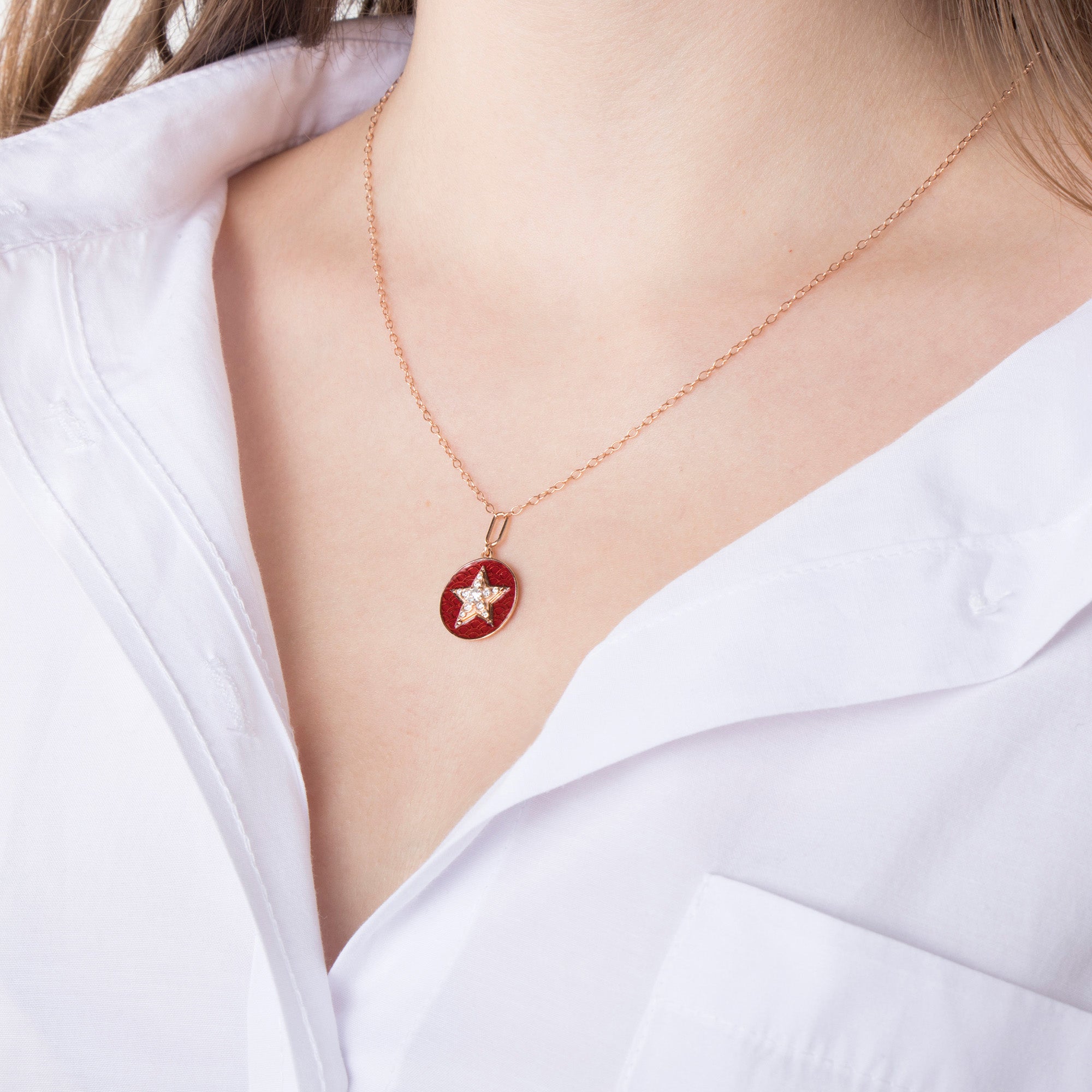 Red Enamel Diamond Star Necklace in 14K Gold