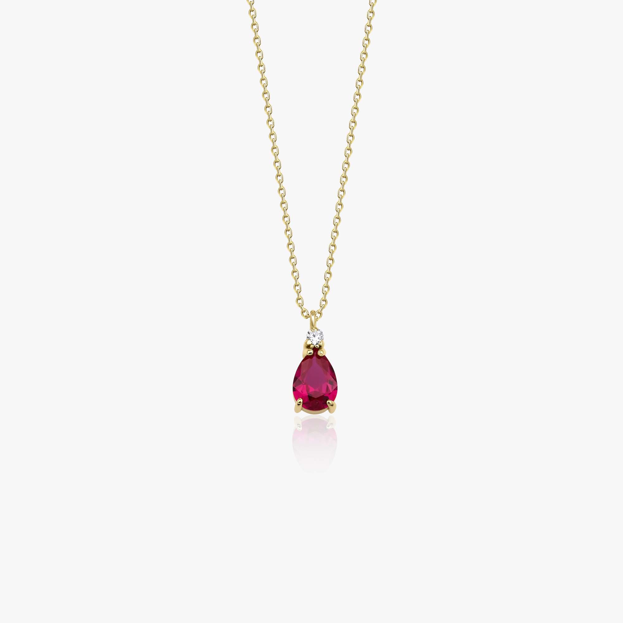 A 14K yellow gold red drop necklace shown on a white background.