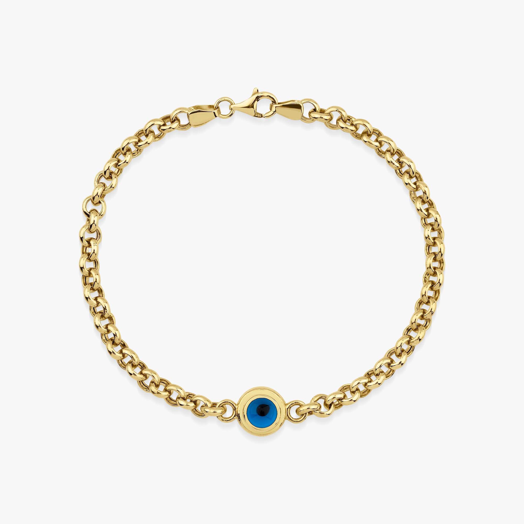 Rolo chain double sided evil eye bracelet in a white background