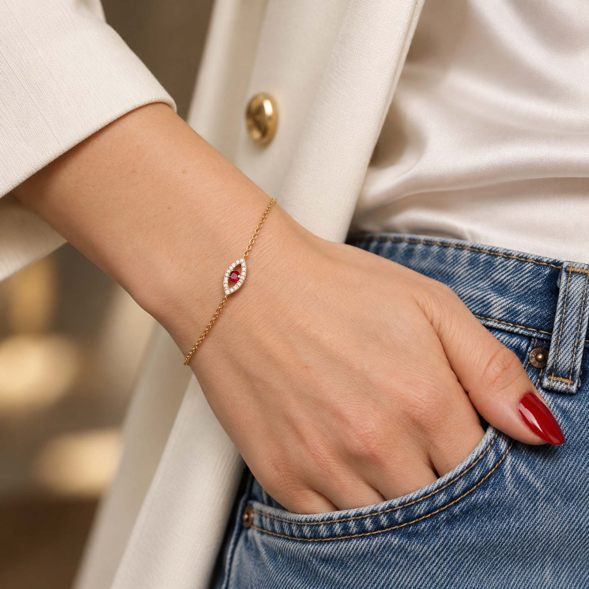 Ruby and Diamond Evil Eye Bracelet in 14K Gold
