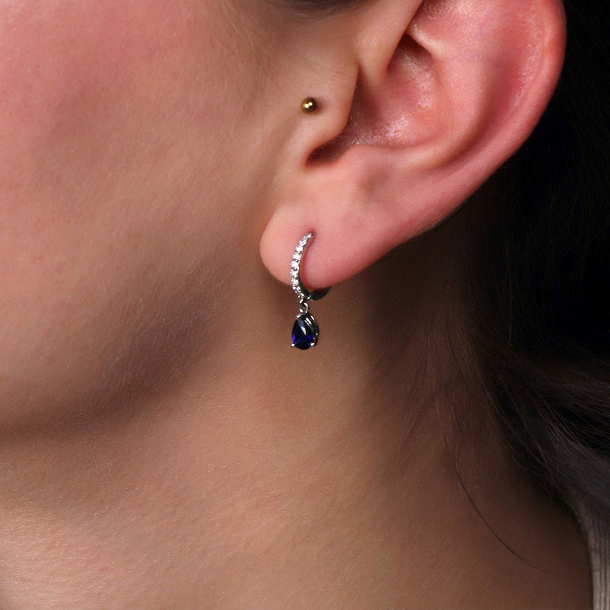 Blue Sapphire Dangle Hoops in 14K Gold