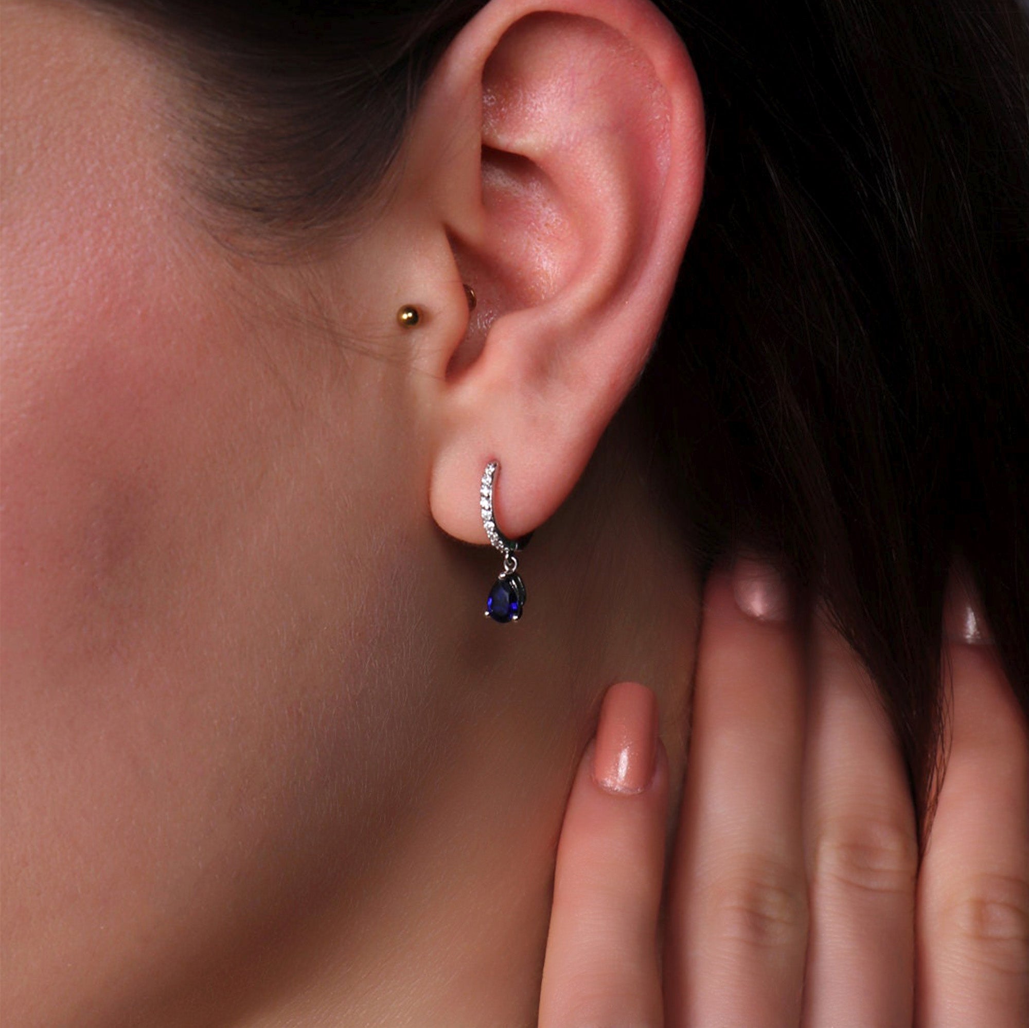 Blue Sapphire Dangle Hoops in 14K Gold