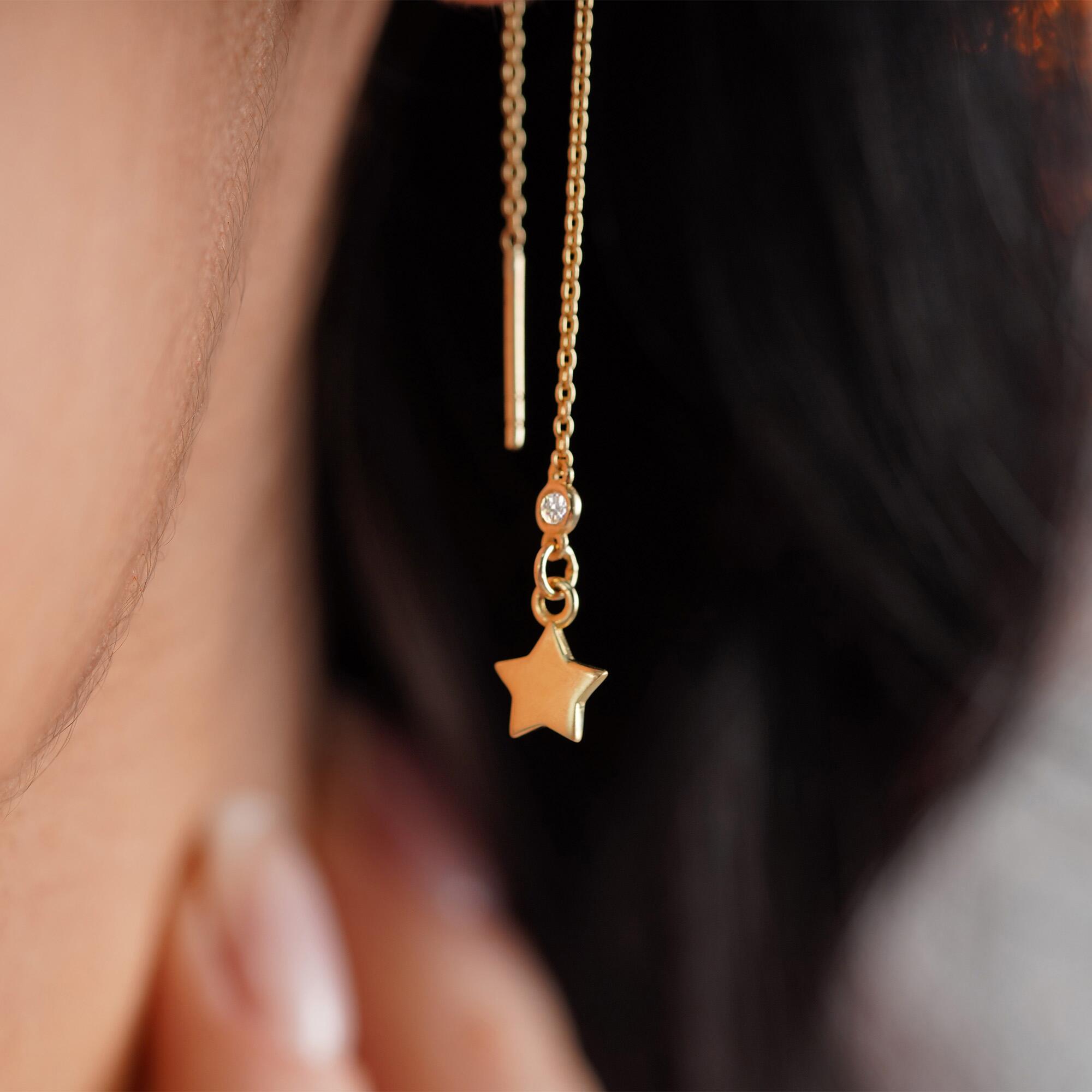 Floating Star Diamond Threader Earrings Available in 14K and 18K Gold