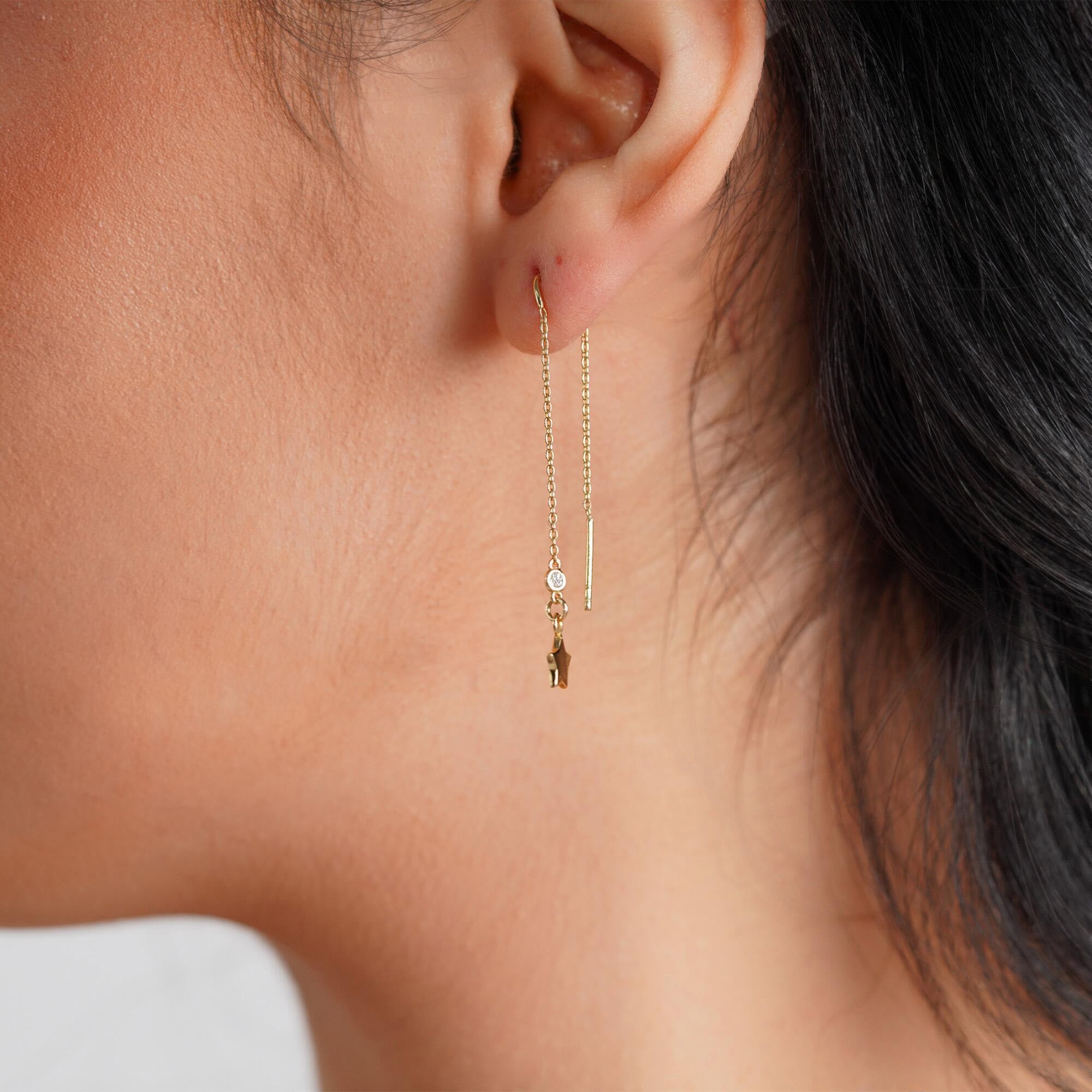 Floating Star Diamond Threader Earrings Available in 14K and 18K Gold