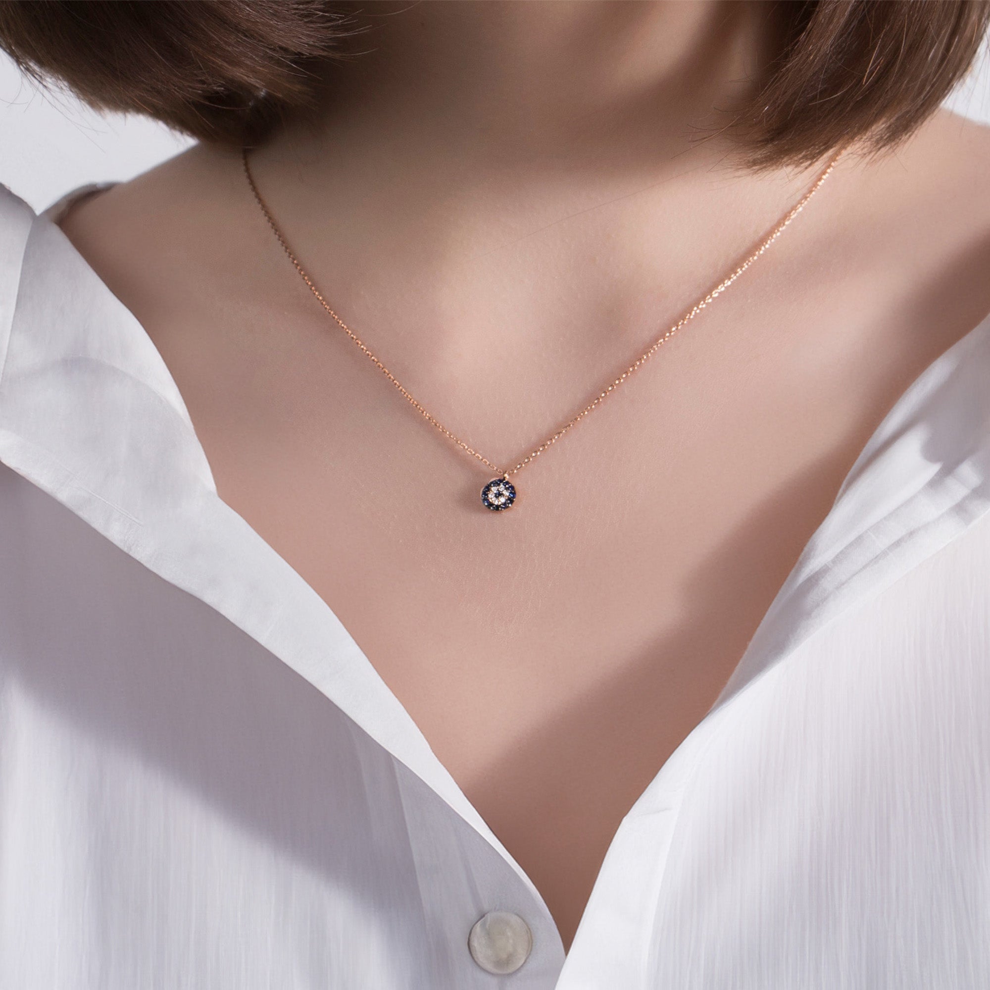 Mini Sapphire and Diamond Evil Eye Necklace in 14K Gold