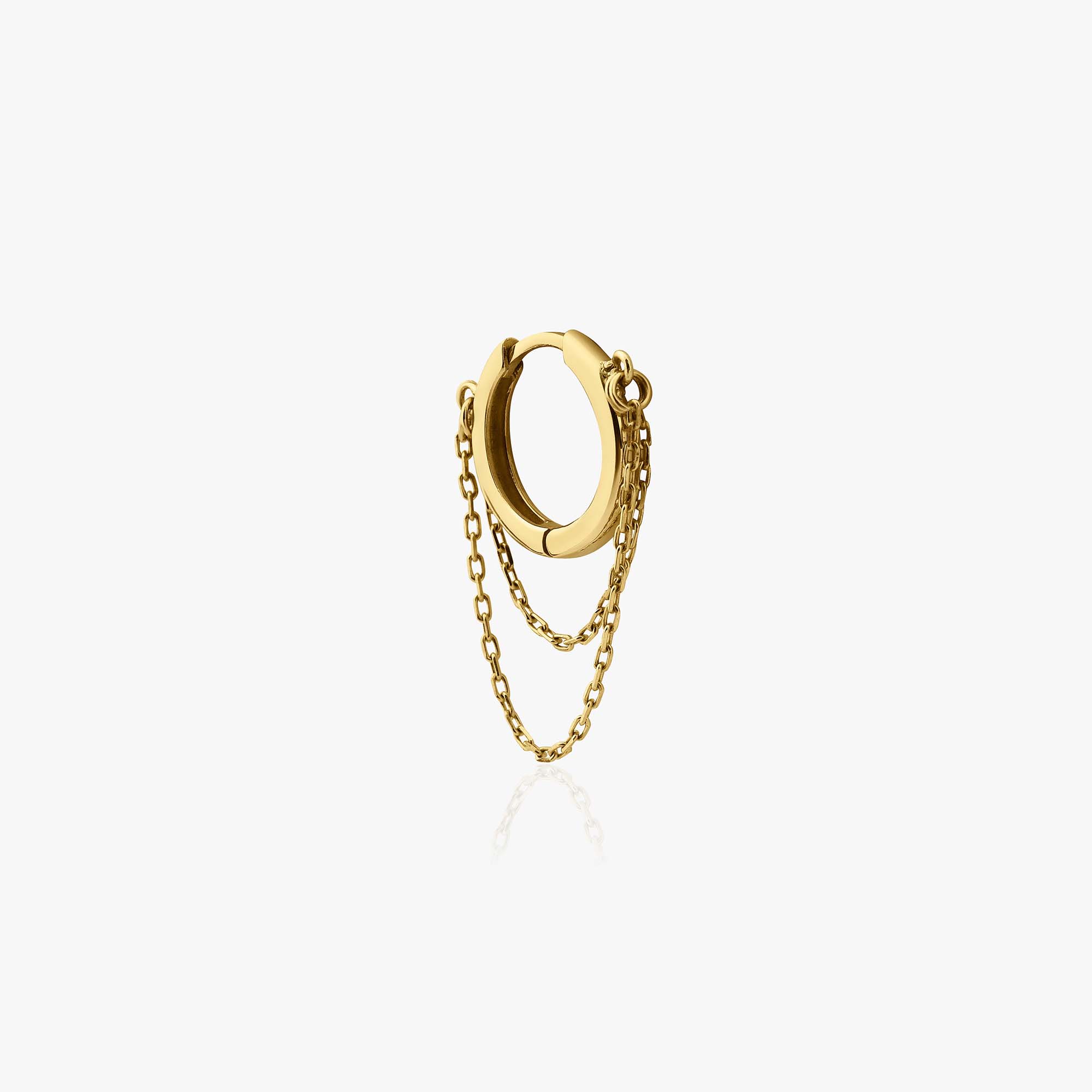 14K Yellow Gold hoop earring with dangling chains on a white background