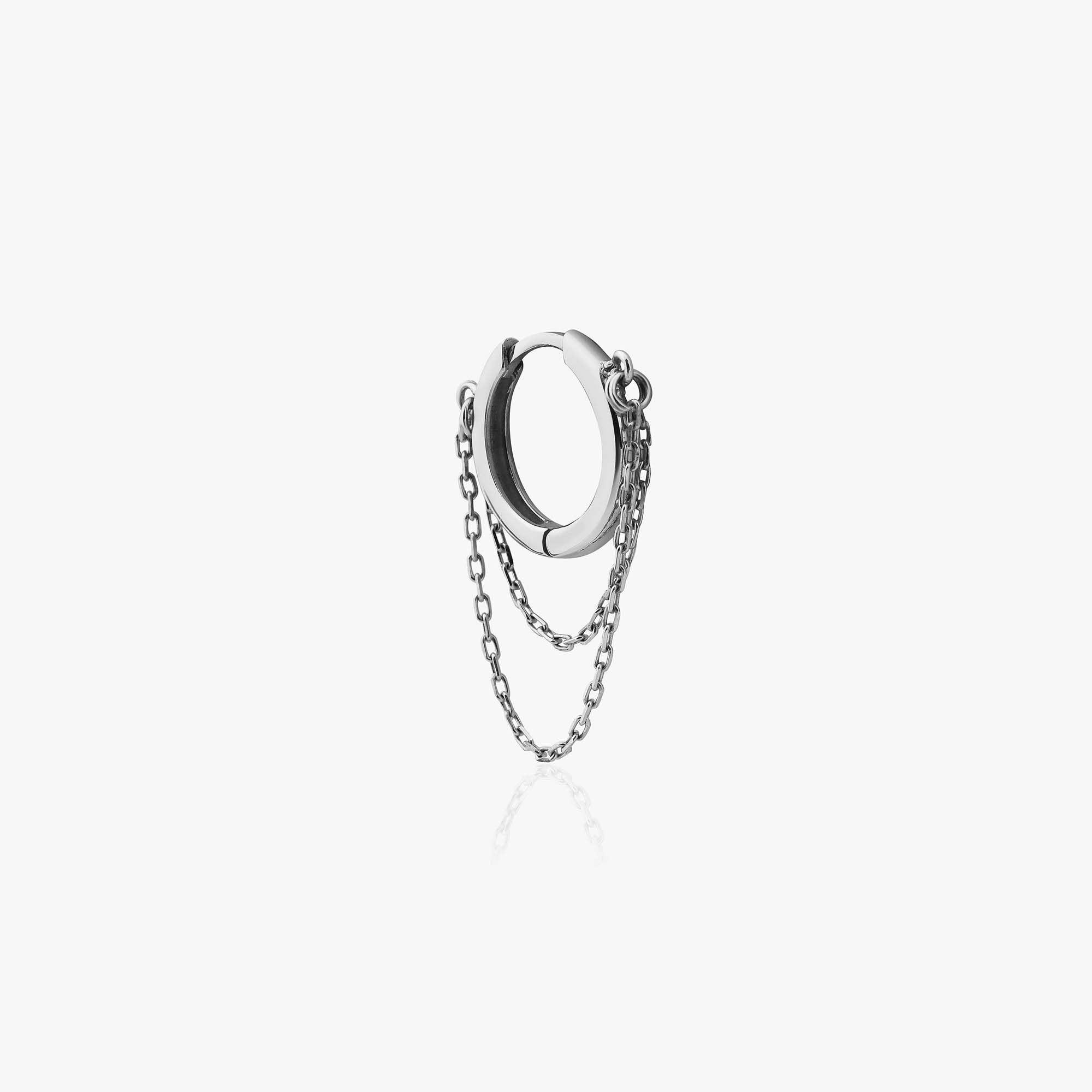 14K White Gold hoop earring with dangling chains on a white background