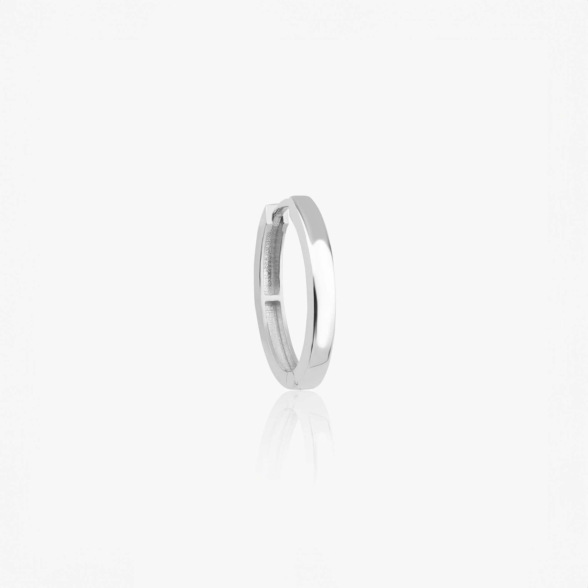 A single 14k white gold oval shaped hoop shown on a white background.
