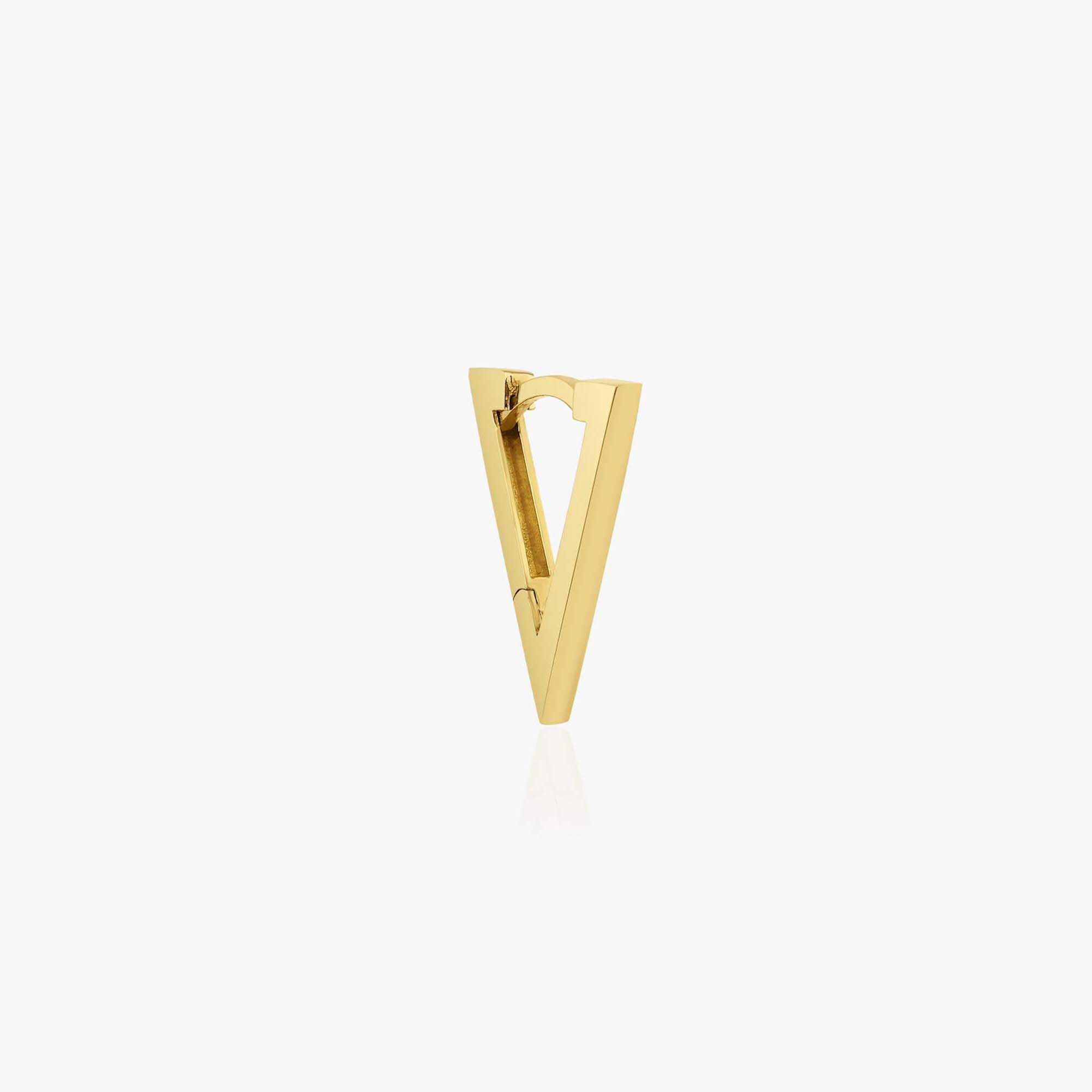A single 14K yellow gold triangle hoop earring on a white background.