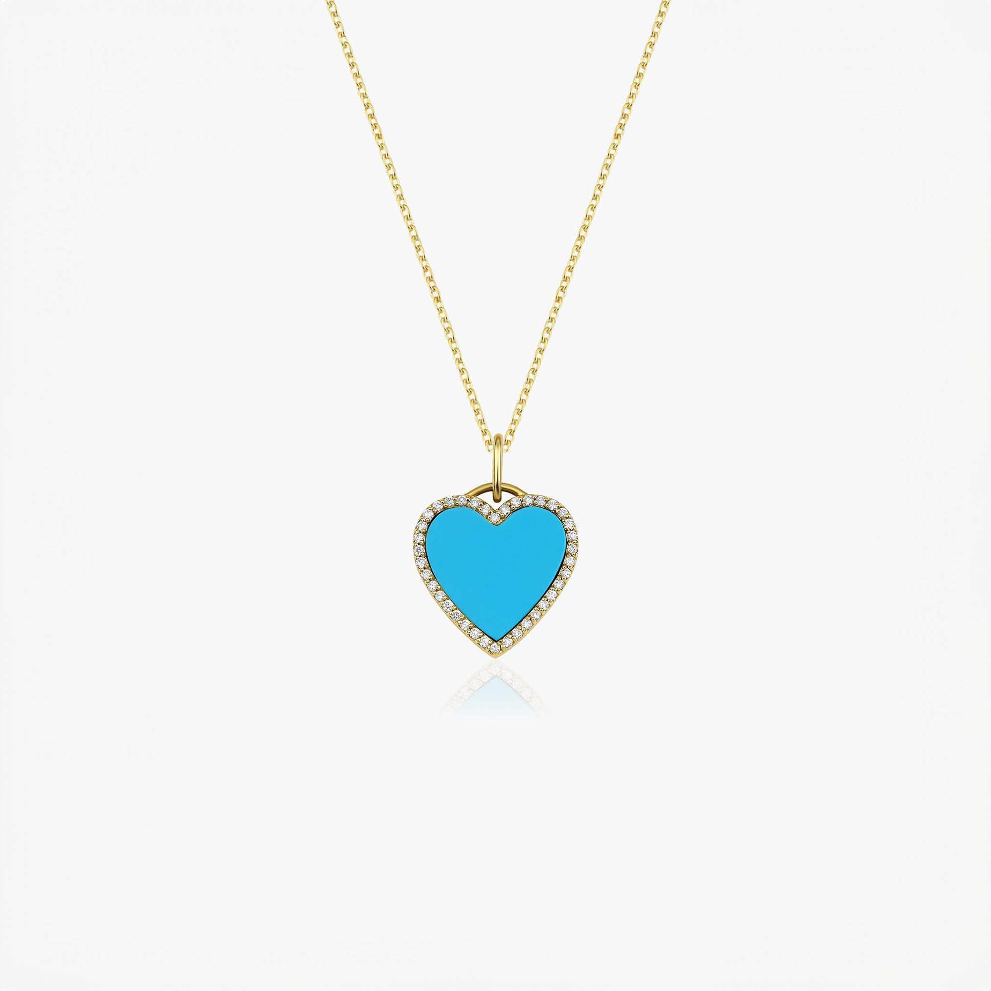 Small Diamond Turquoise Heart Necklace in 14K Gold