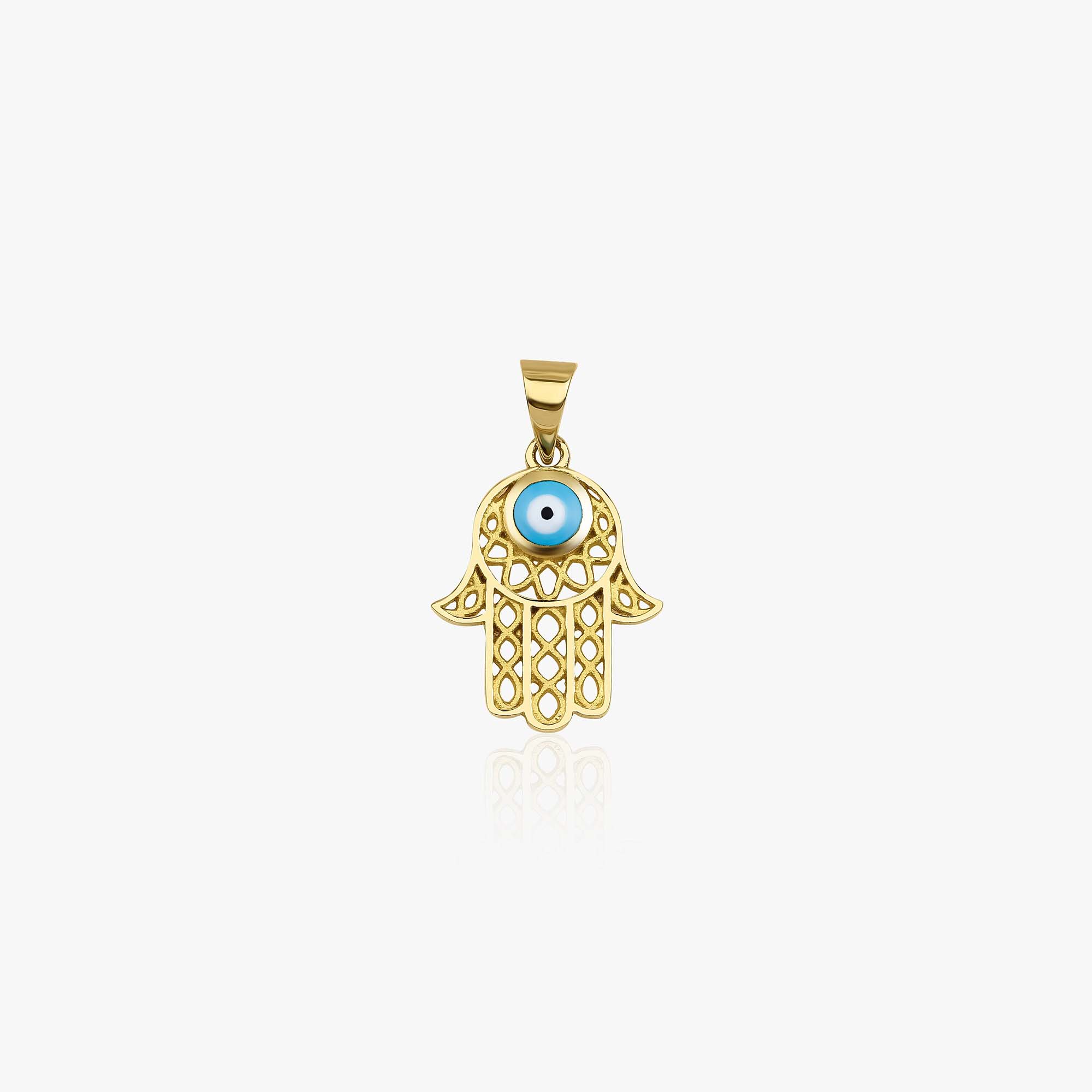 Gold Hamsa hand pendant with a blue eye on a white background