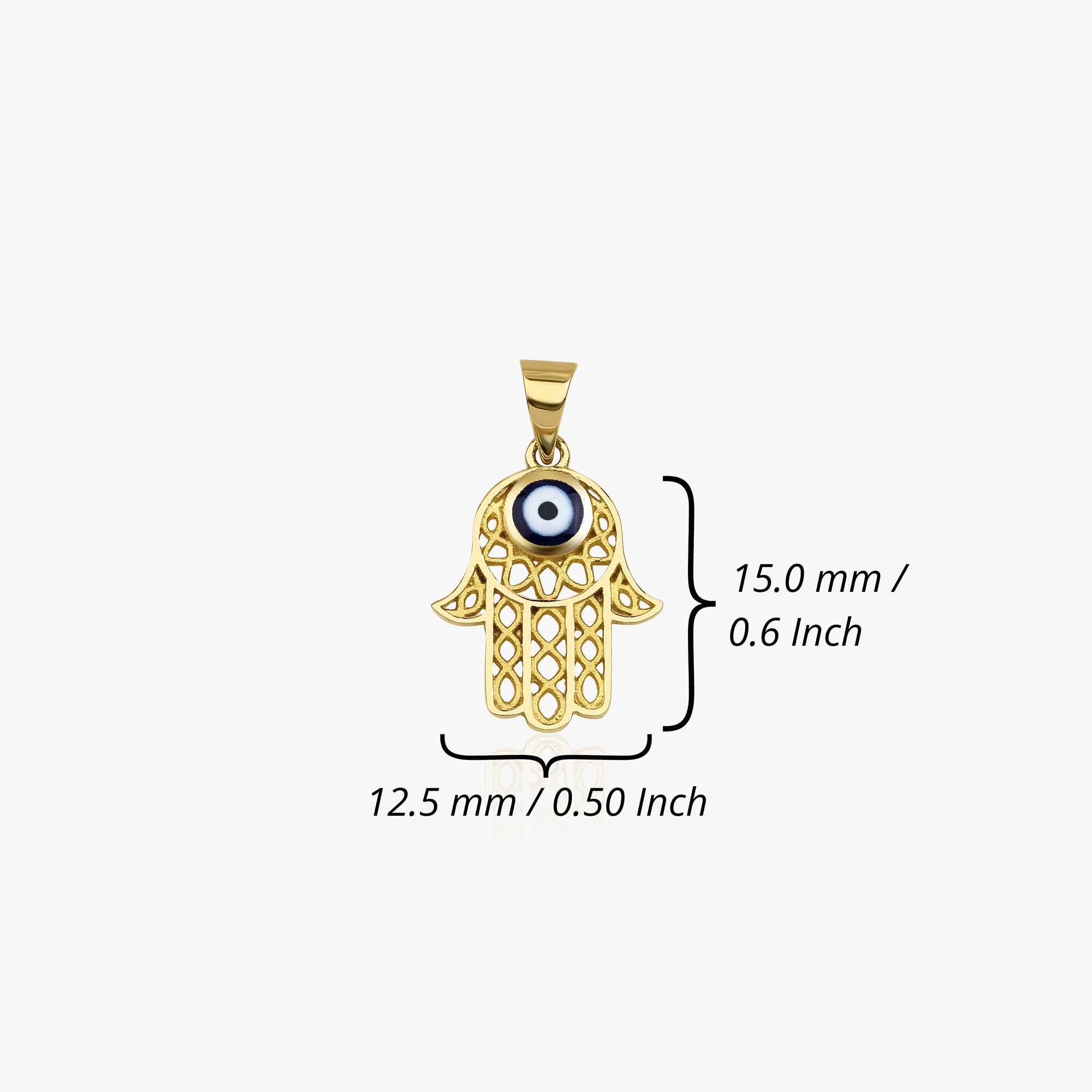 Gold Hamsa hand pendant with measurements on a white background