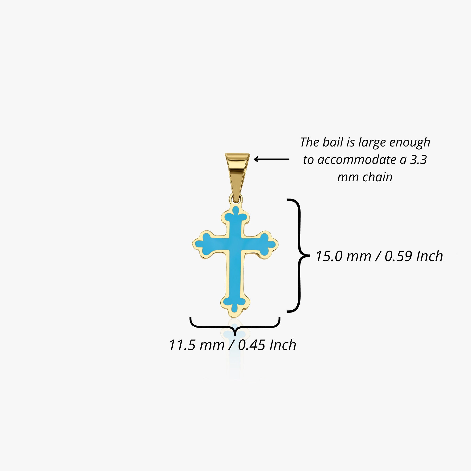 A 14k yellow gold ocean blue cross pendant shown on a white background with measurements