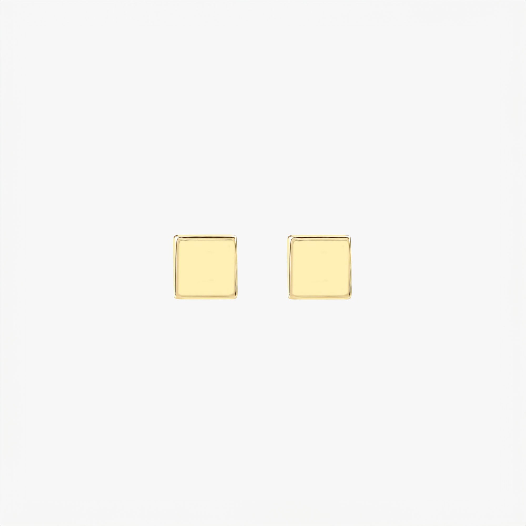 Pair of 14k yellow gold square stud earrings on a white background