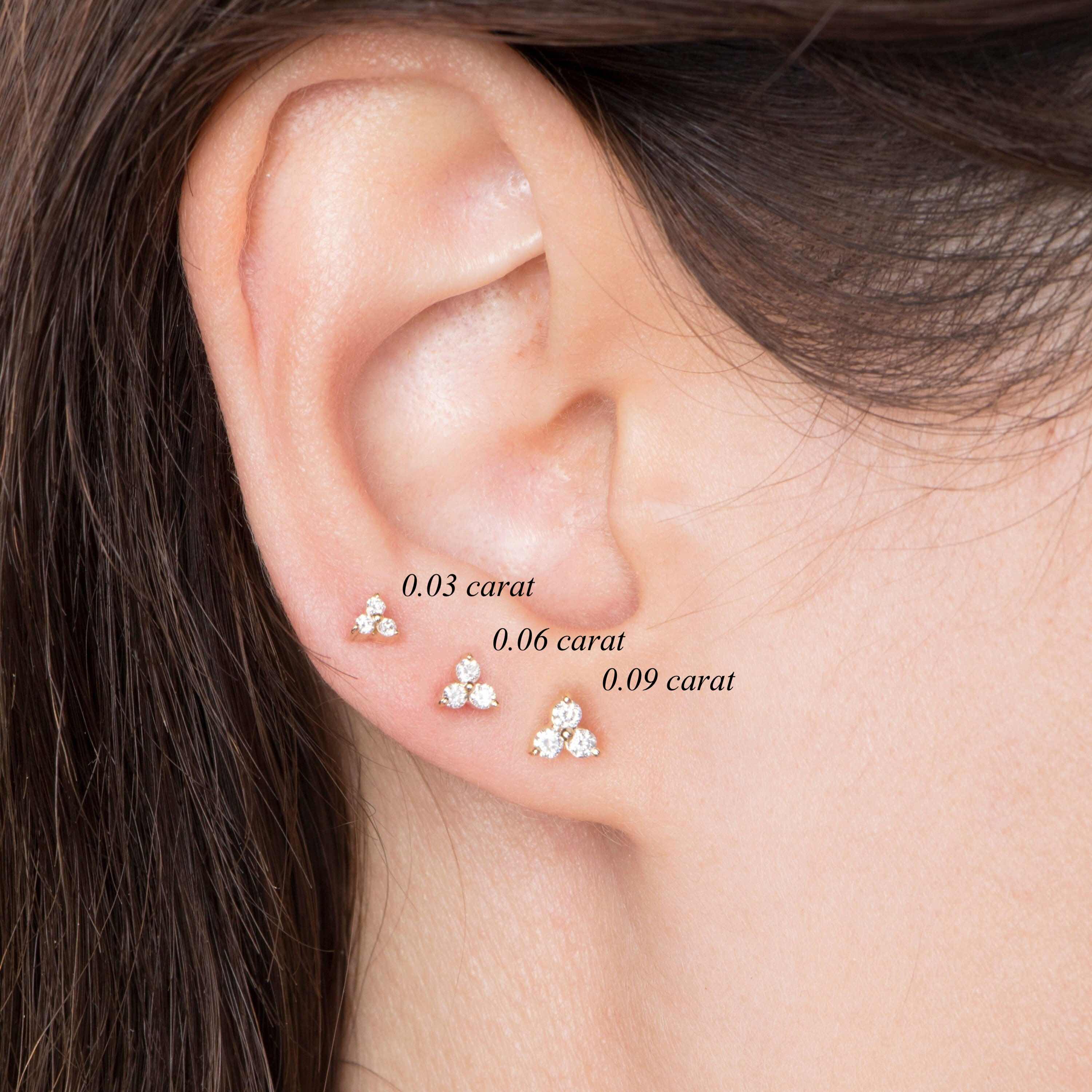 Single Three Diamond Stud Available in 14K and 18K Gold