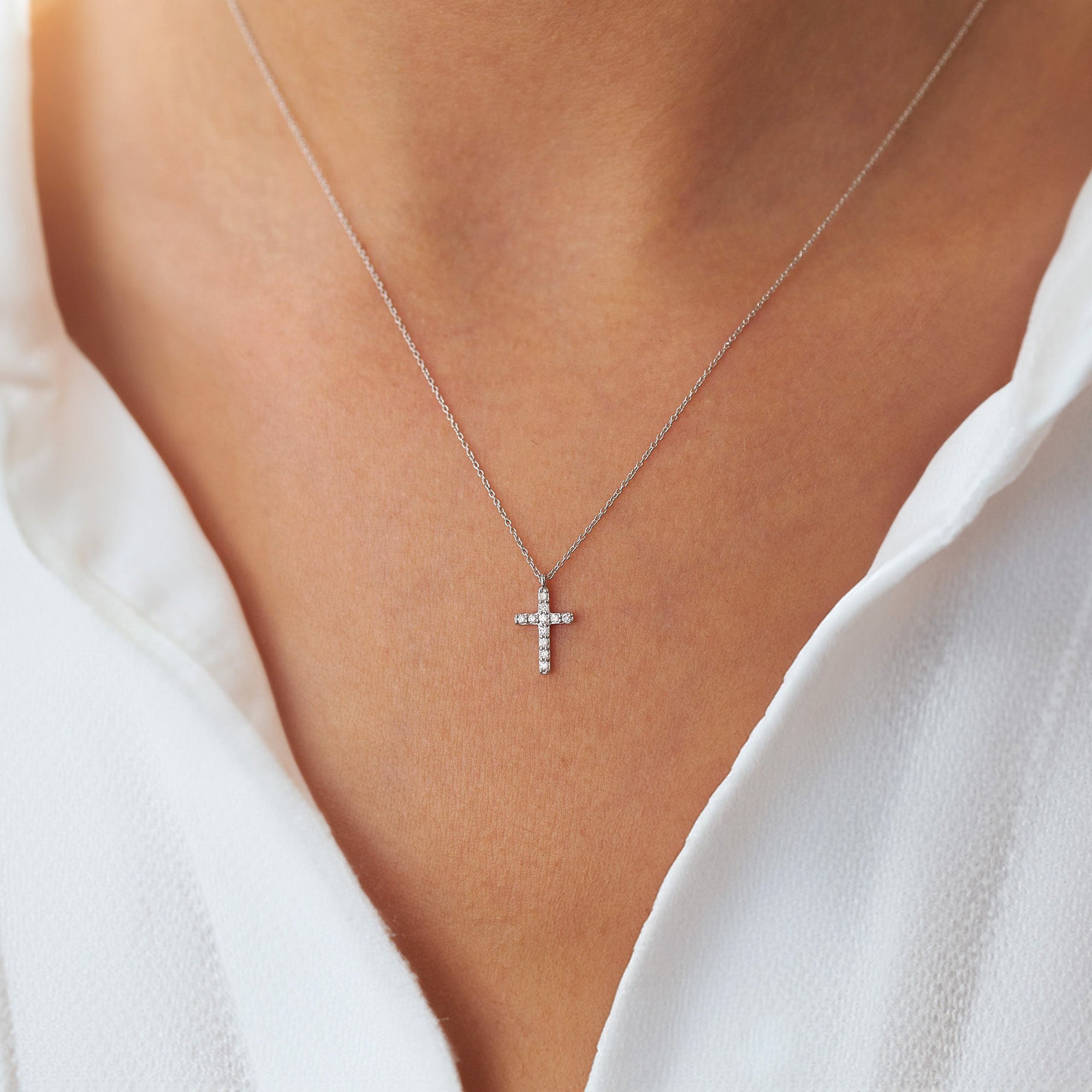 Itty Bitty Tiny Diamond Cross Necklace in 14K Gold