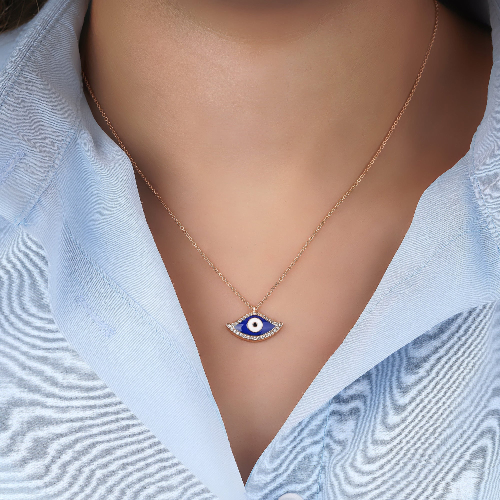 Traditional Diamond Evil Eye Necklace Available in 14K and 18K Gold