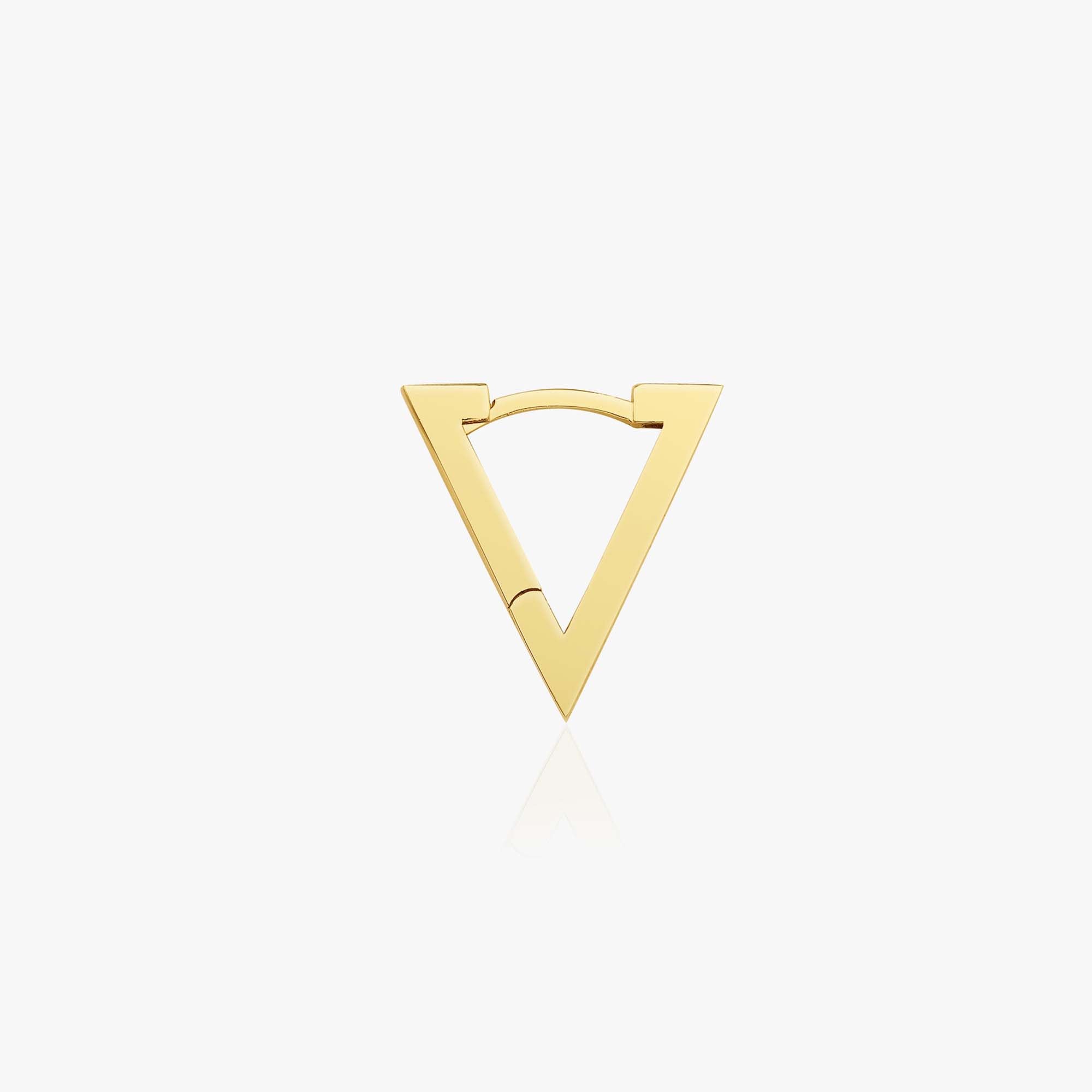 A single 14K yellow gold triangle hoop earring shown sideways on a white background.