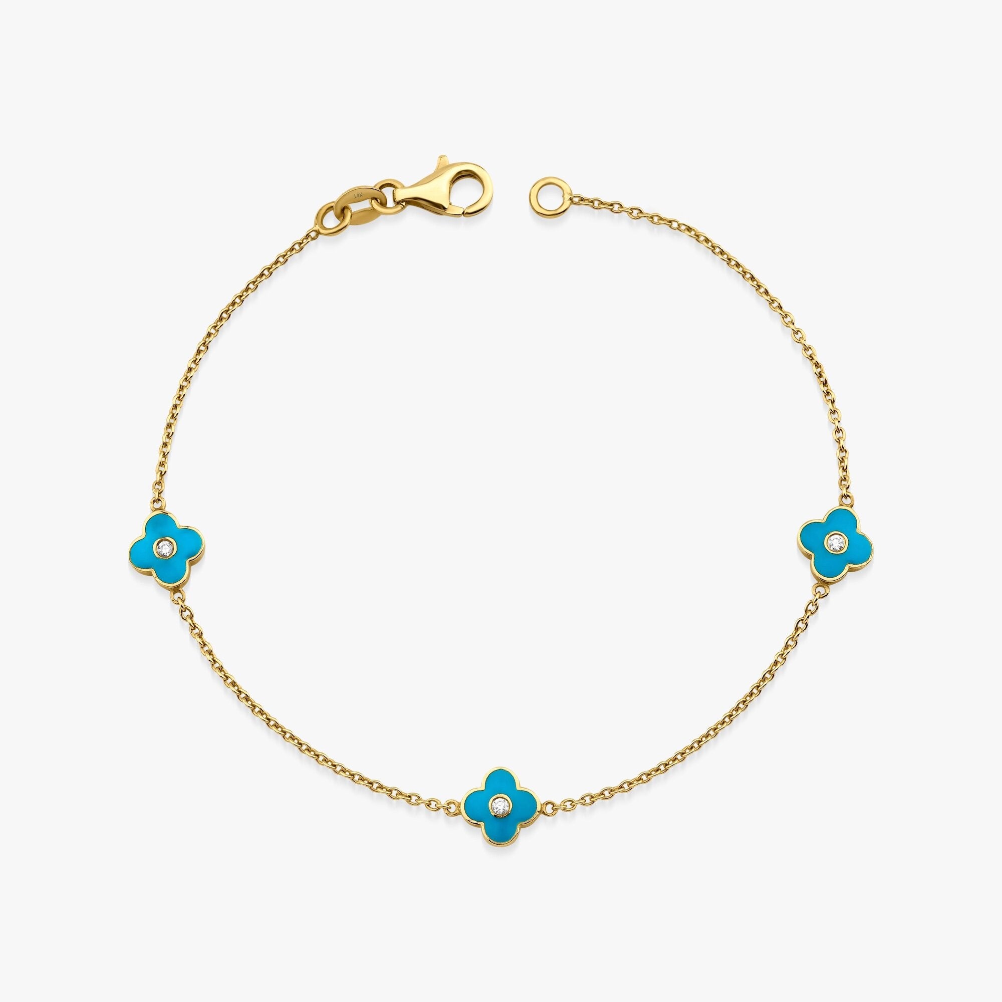 Mini Diamond Inlaid Turquoise Clover Bracelet With 3 Clovers in 14K Gold
