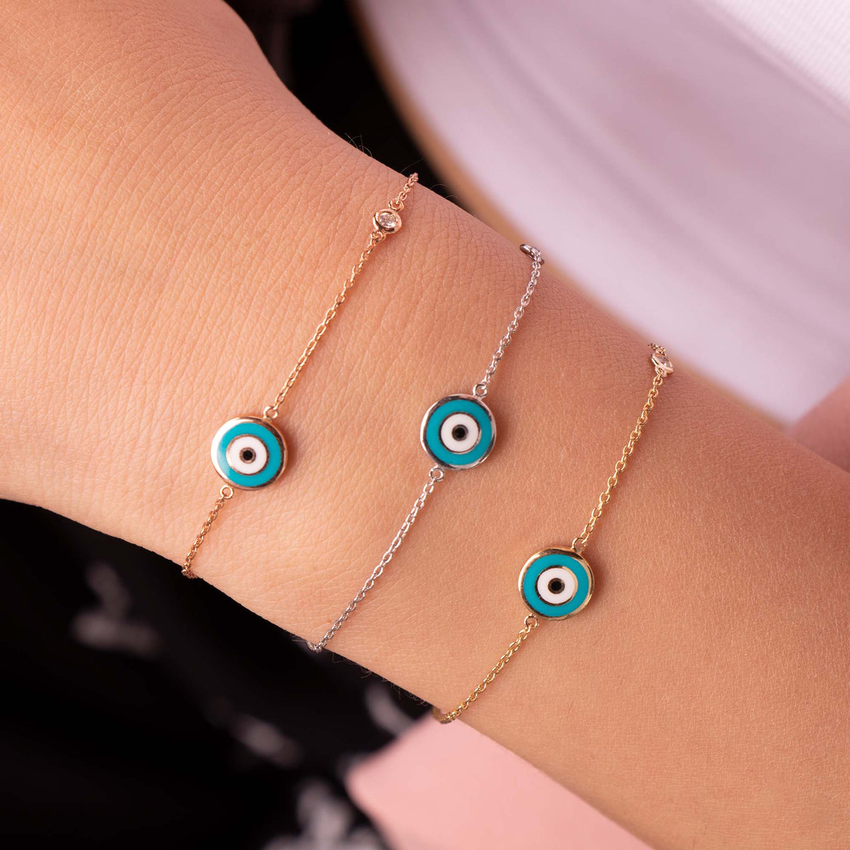 Double Sided Turquoise Evil Eye Bracelet in 14K Gold