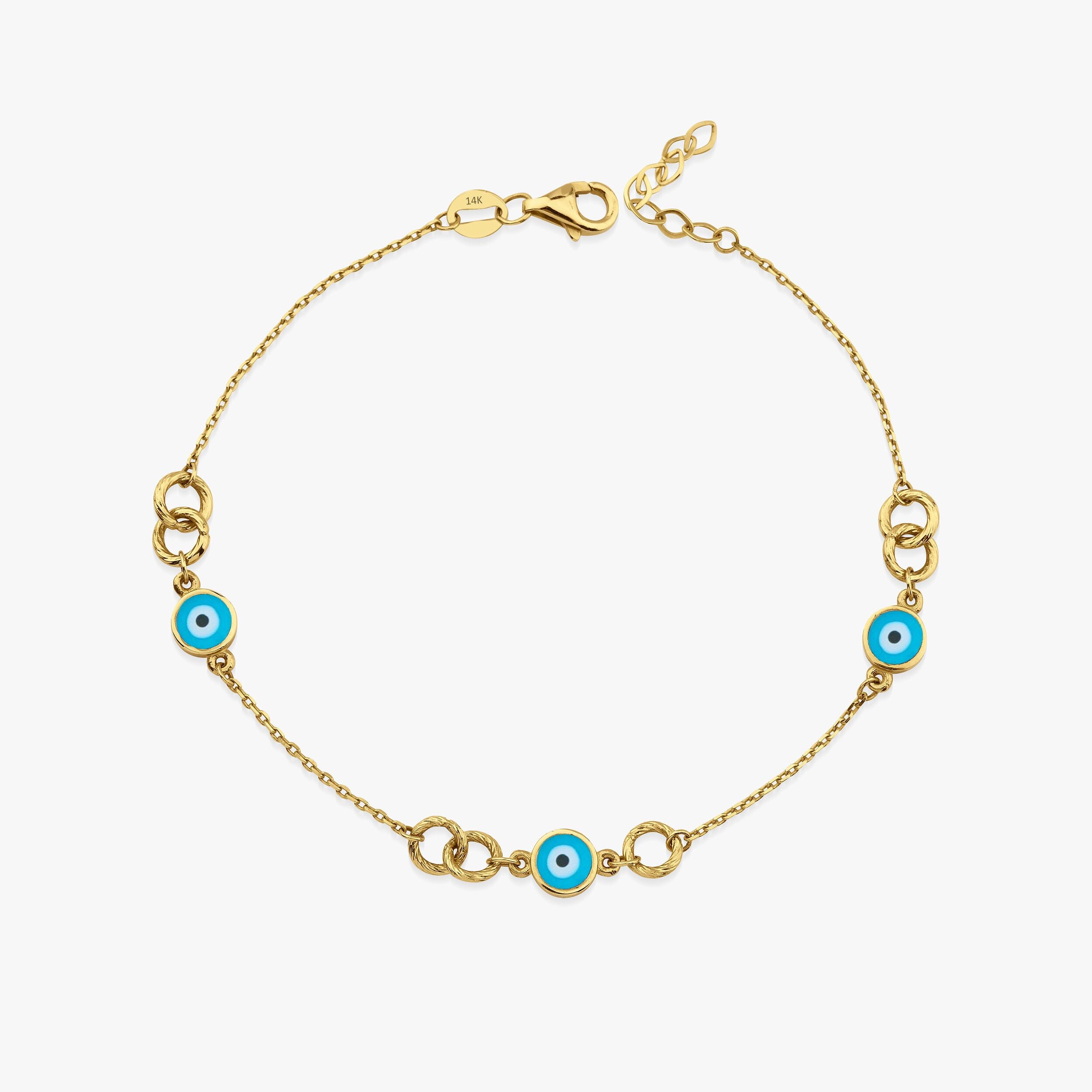 Turquoise Evil Eye Interlocking Evil Eye Bracelet in 14K Gold