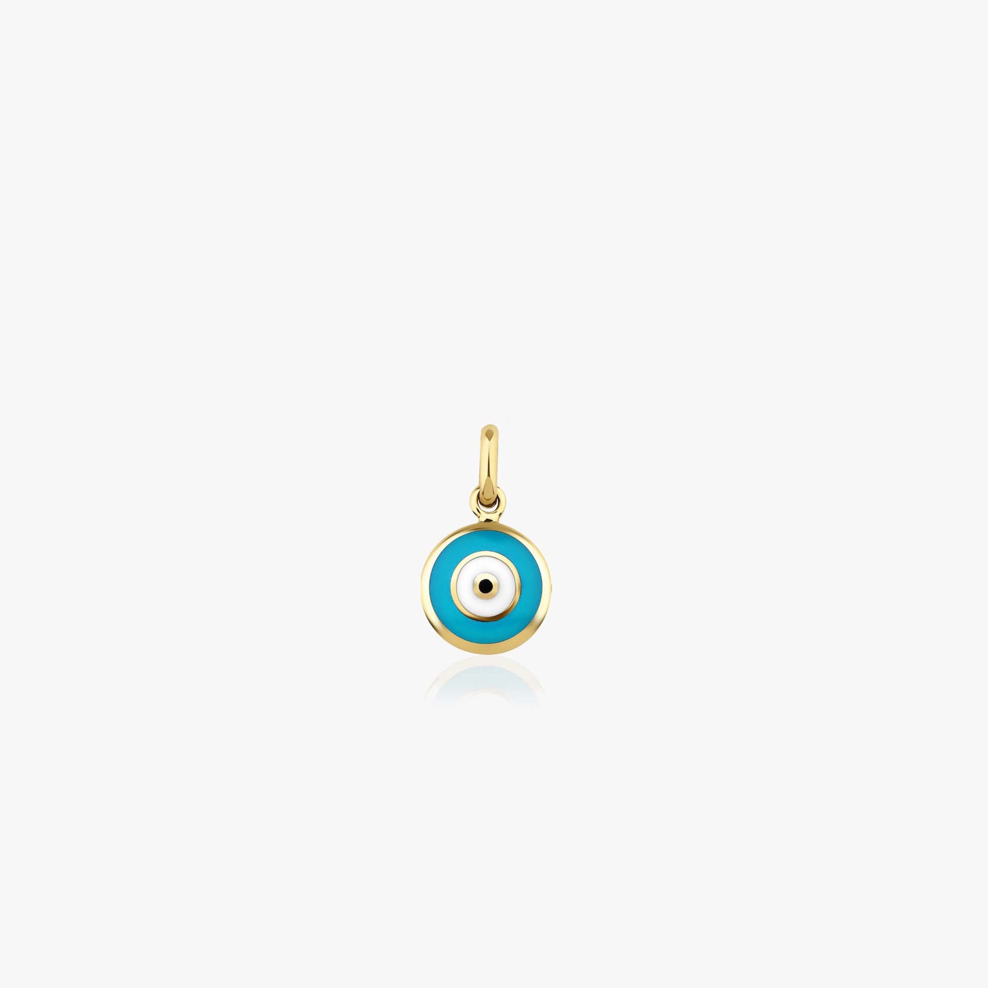 A 14k yellow gold evil eye design with blue and white enamel work shown on a white background.
