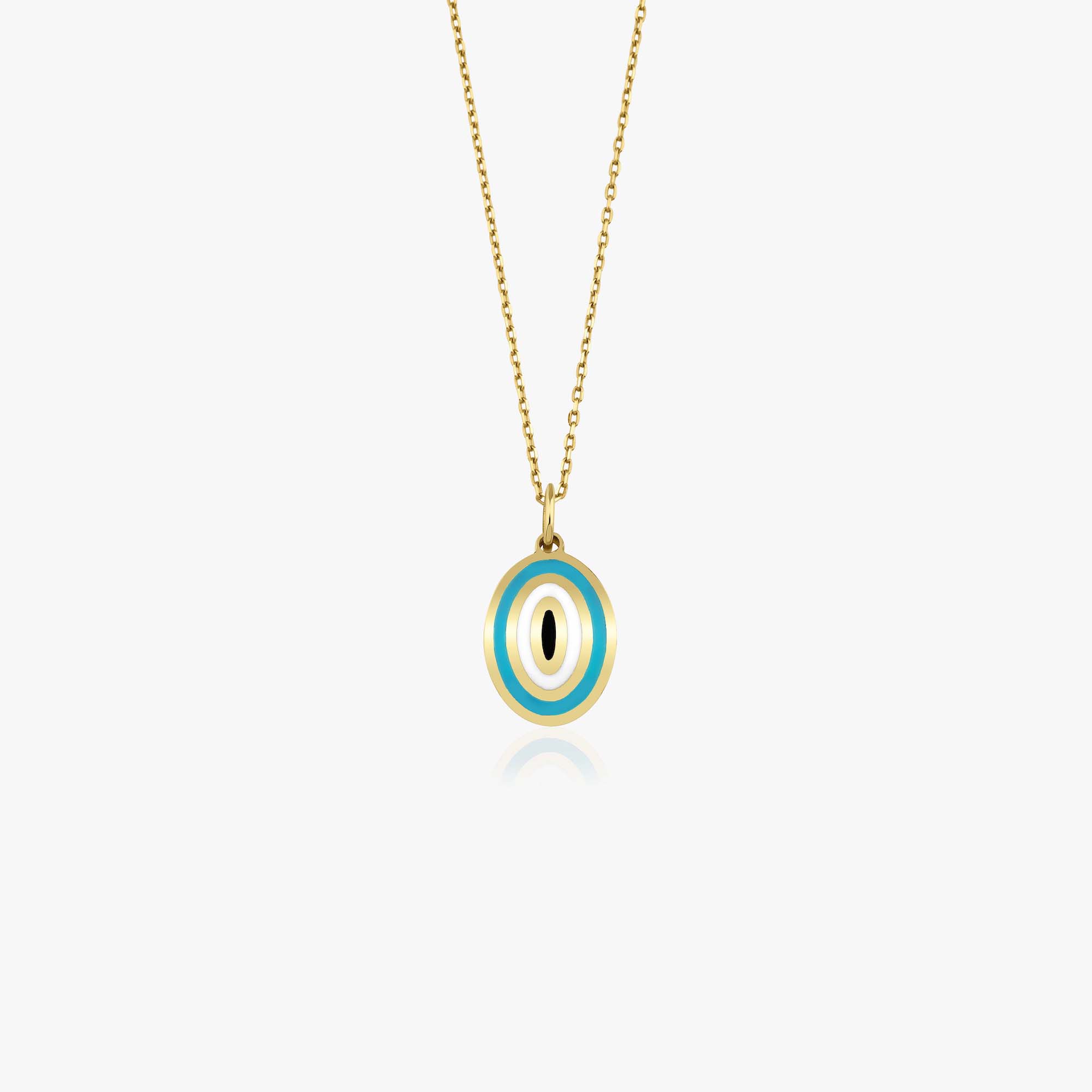 An oval shaped evil eye necklace with turquoise evil eye center shown on a white background