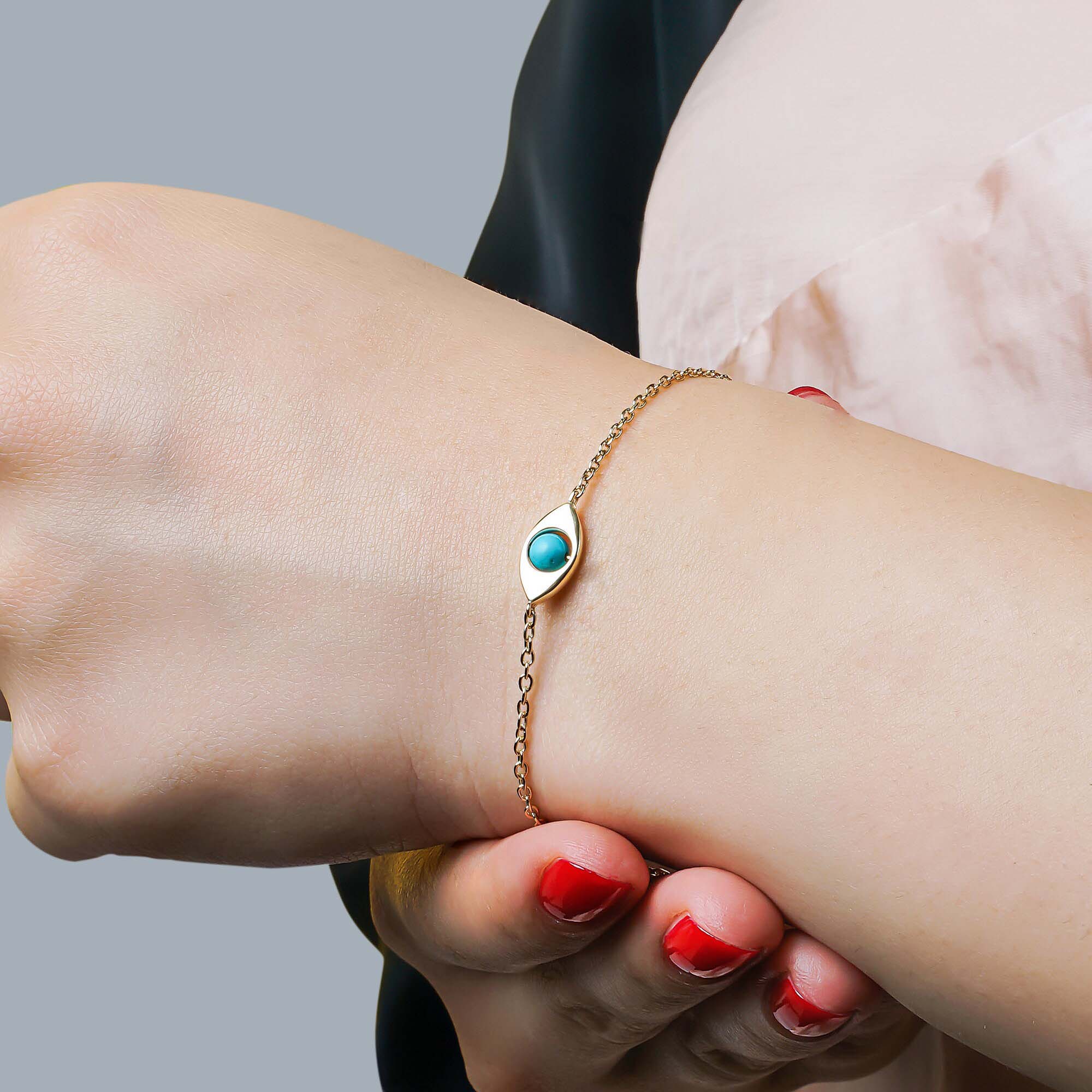 Elongated Turquoise Evil Eye Bracelet in 14K Gold