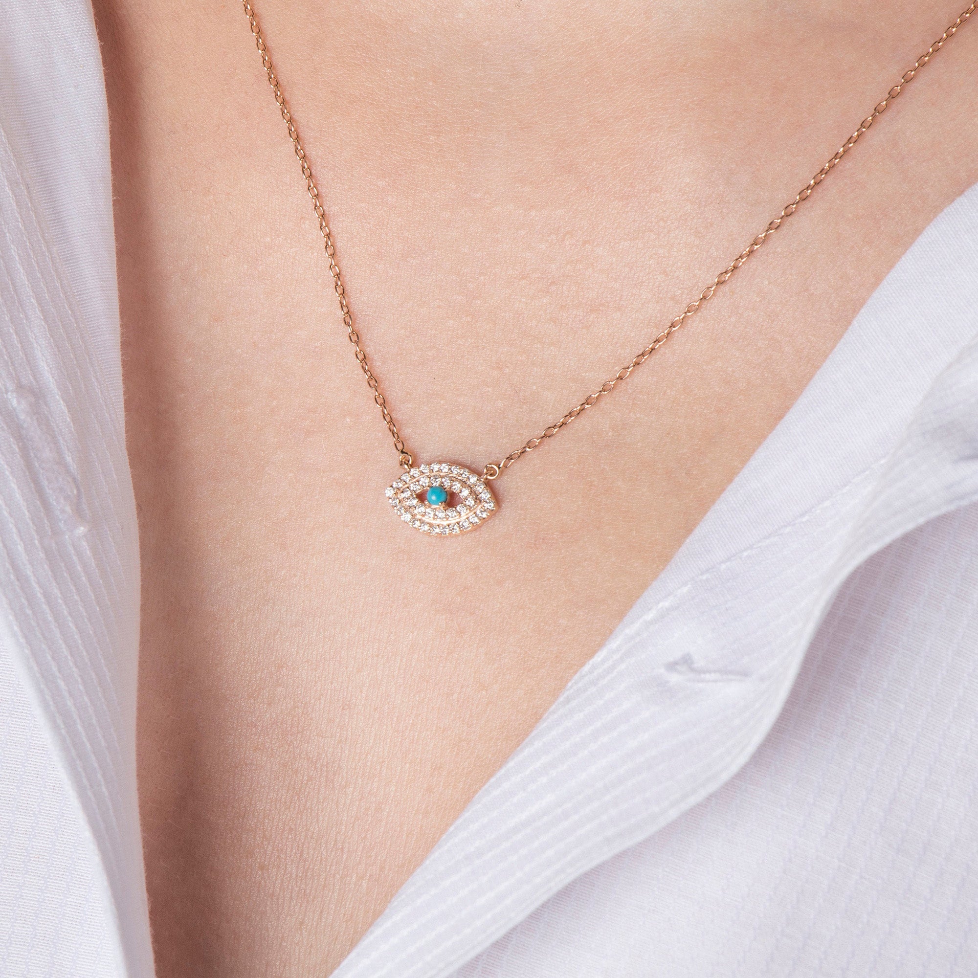 Turquoise and Diamond Evil Eye Necklace Available in 14K and 18K Gold