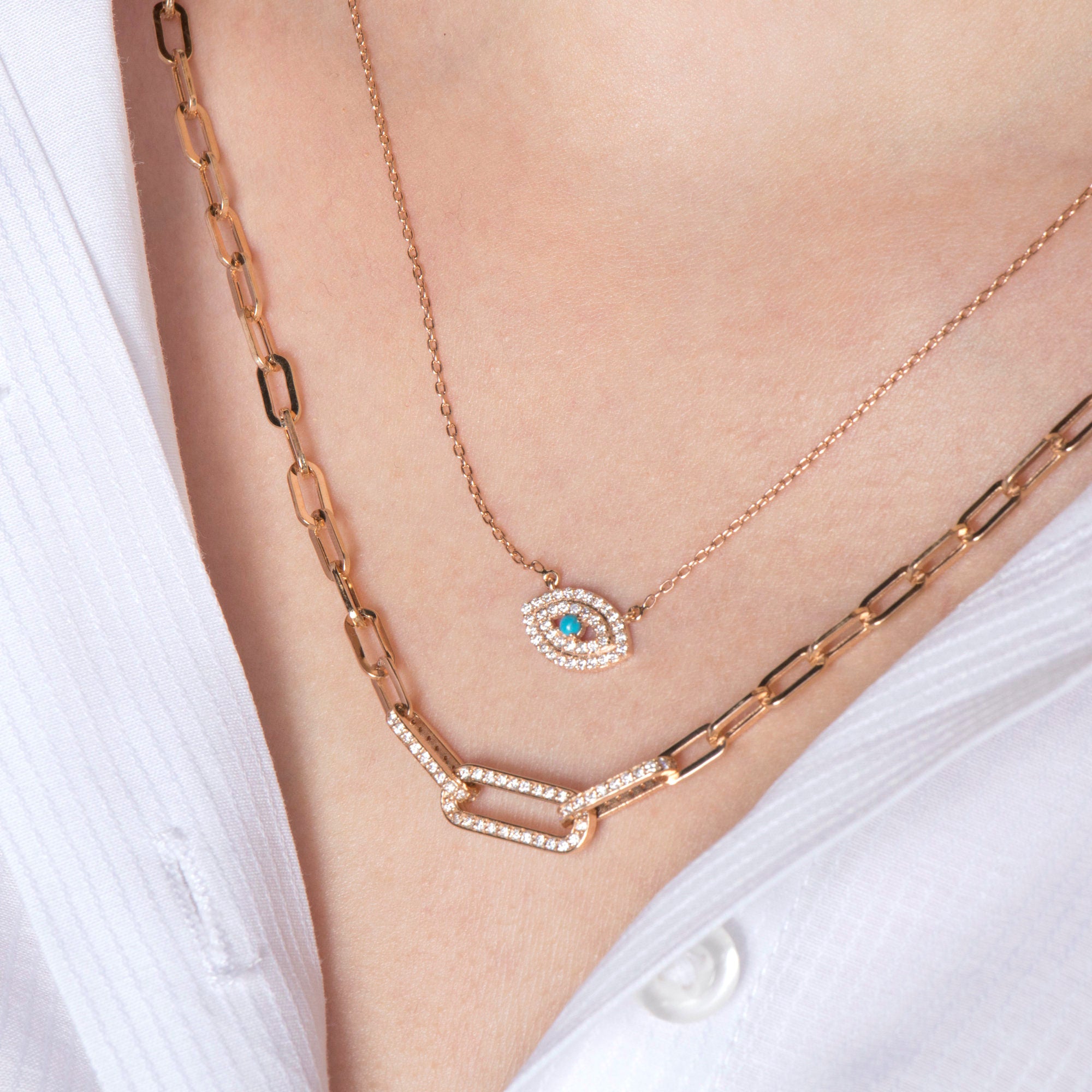 Turquoise and Diamond Evil Eye Necklace Available in 14K and 18K Gold