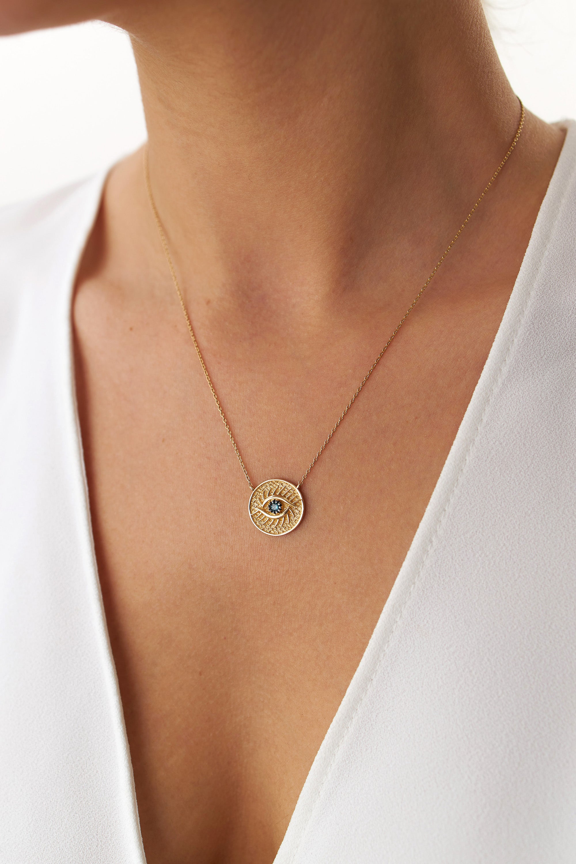 Vintage Blue Diamond Eye Medallion Necklace in 14K Gold