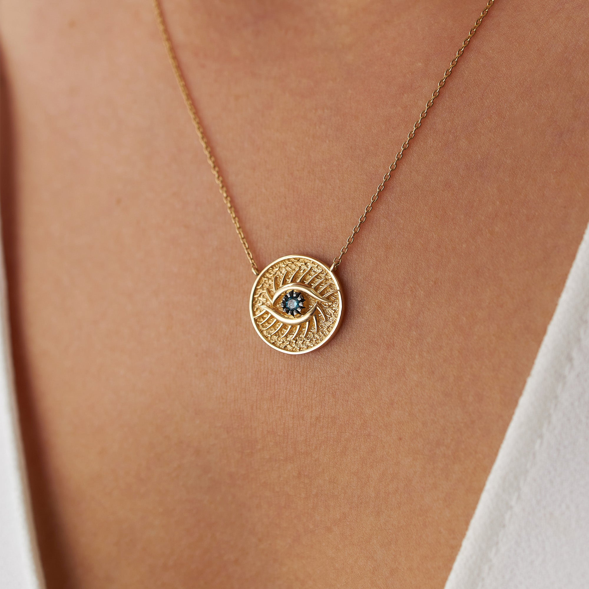 Vintage Blue Diamond Eye Medallion Necklace in 14K Gold