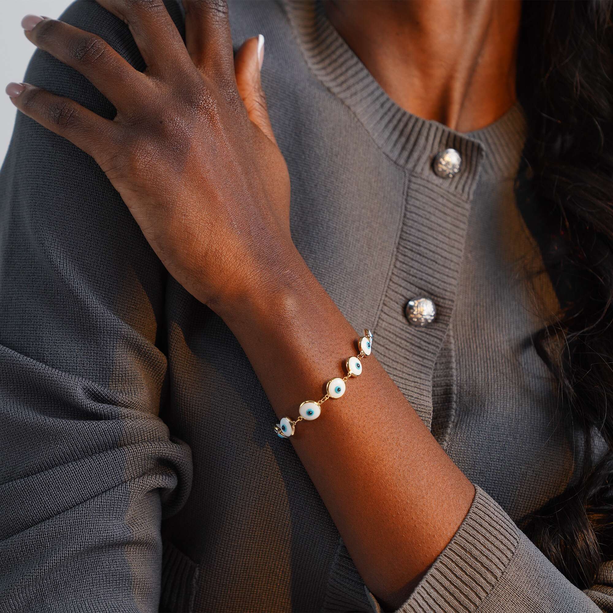 White Evil Eye Bracelet in 14K Gold