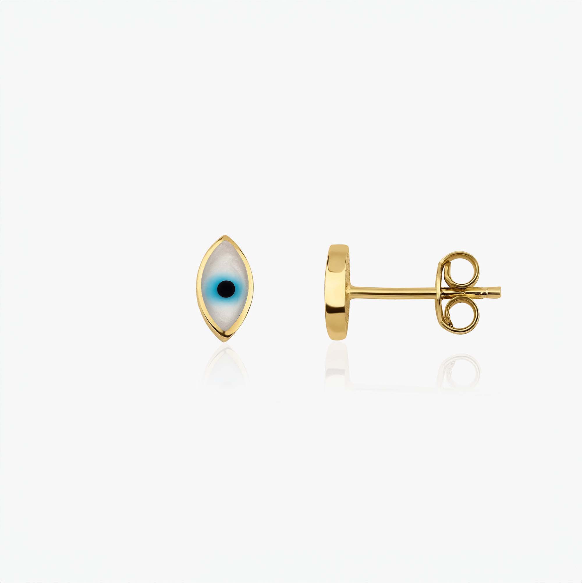 Gold evil eye stud earrings on a white background