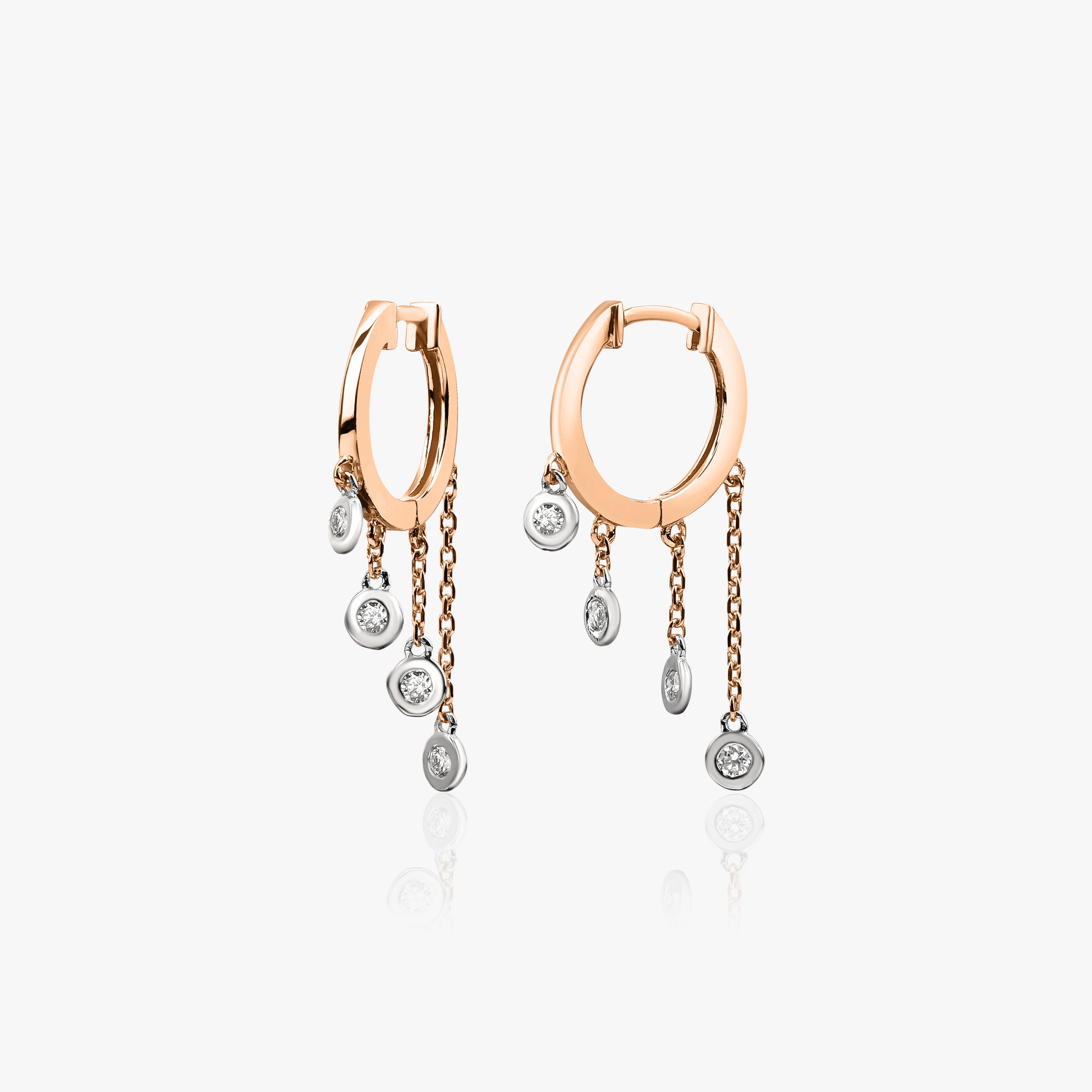 Diamond Huggie Hoops With Bezel Set Diamond Dangling Charms in 14K Gold