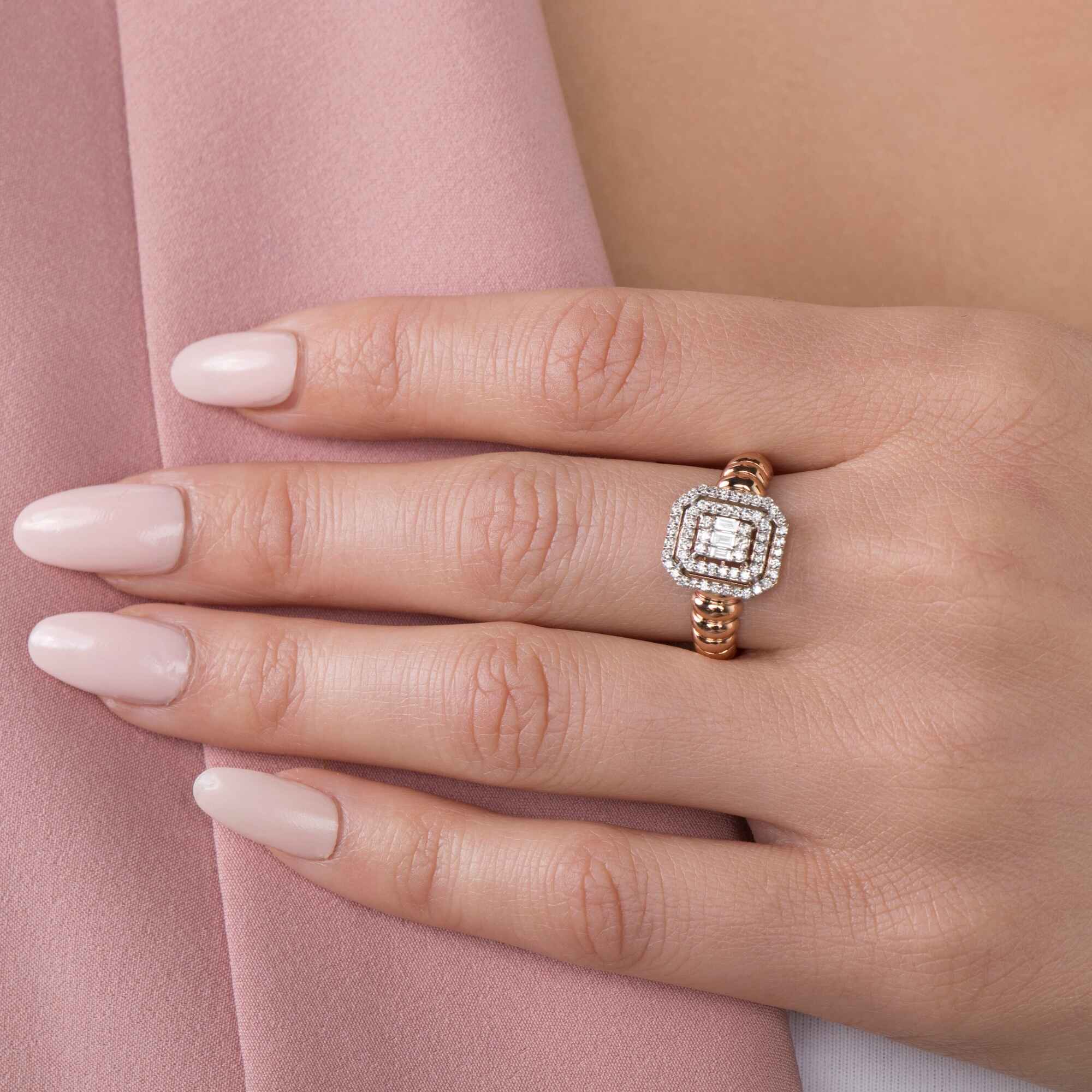 Double Halo Baguette Ring in 14K Gold