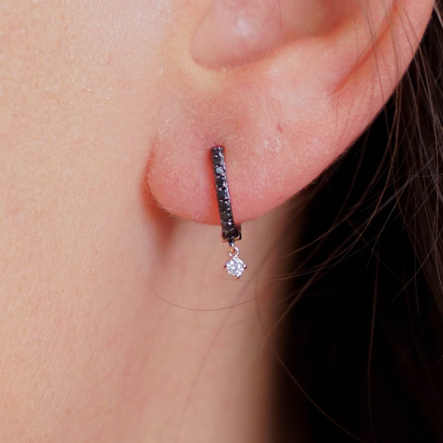 Minimal Black and White Diamond Hoop Earrings in 14K Gold