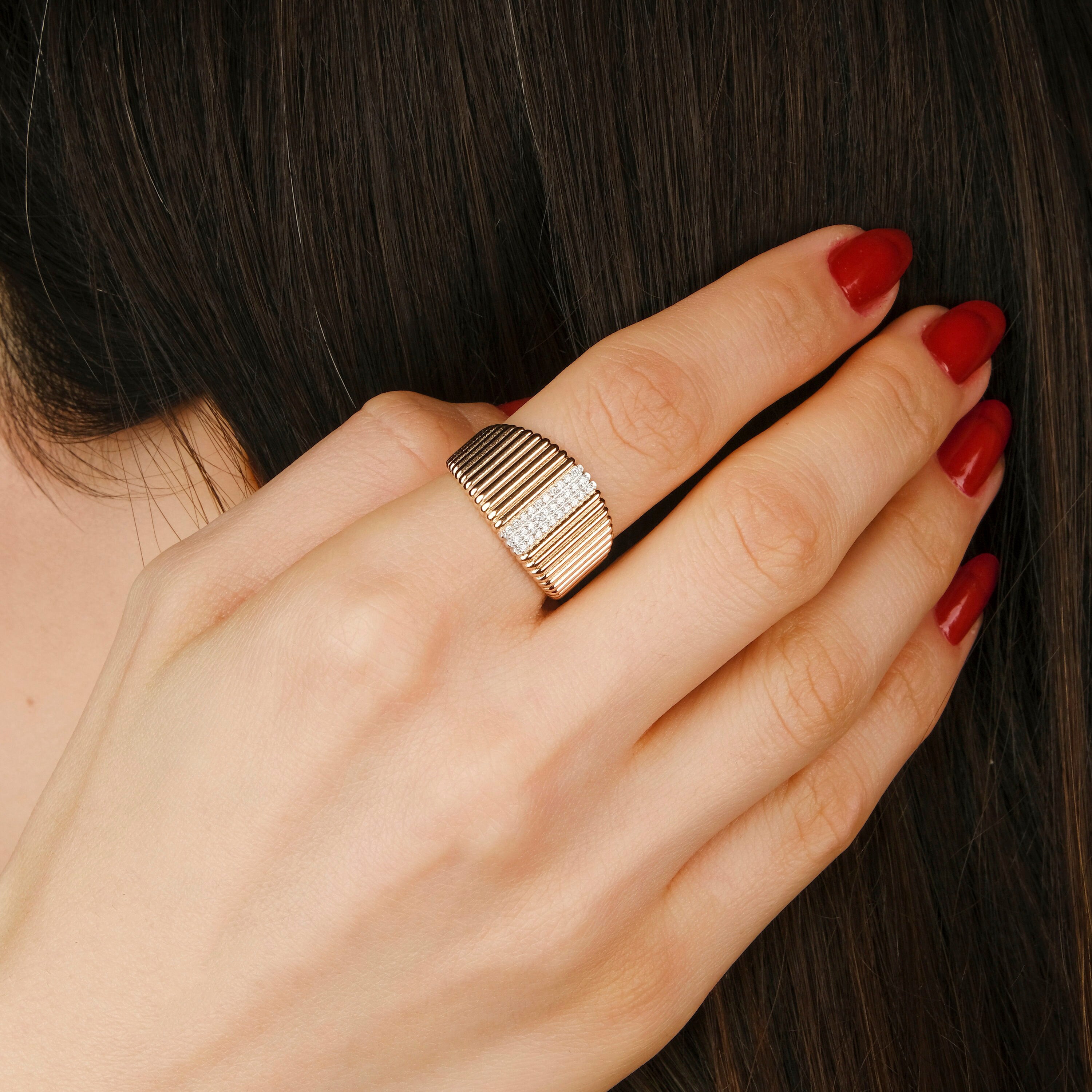 Textured Diamond Pave Line Ring in 14K Gold