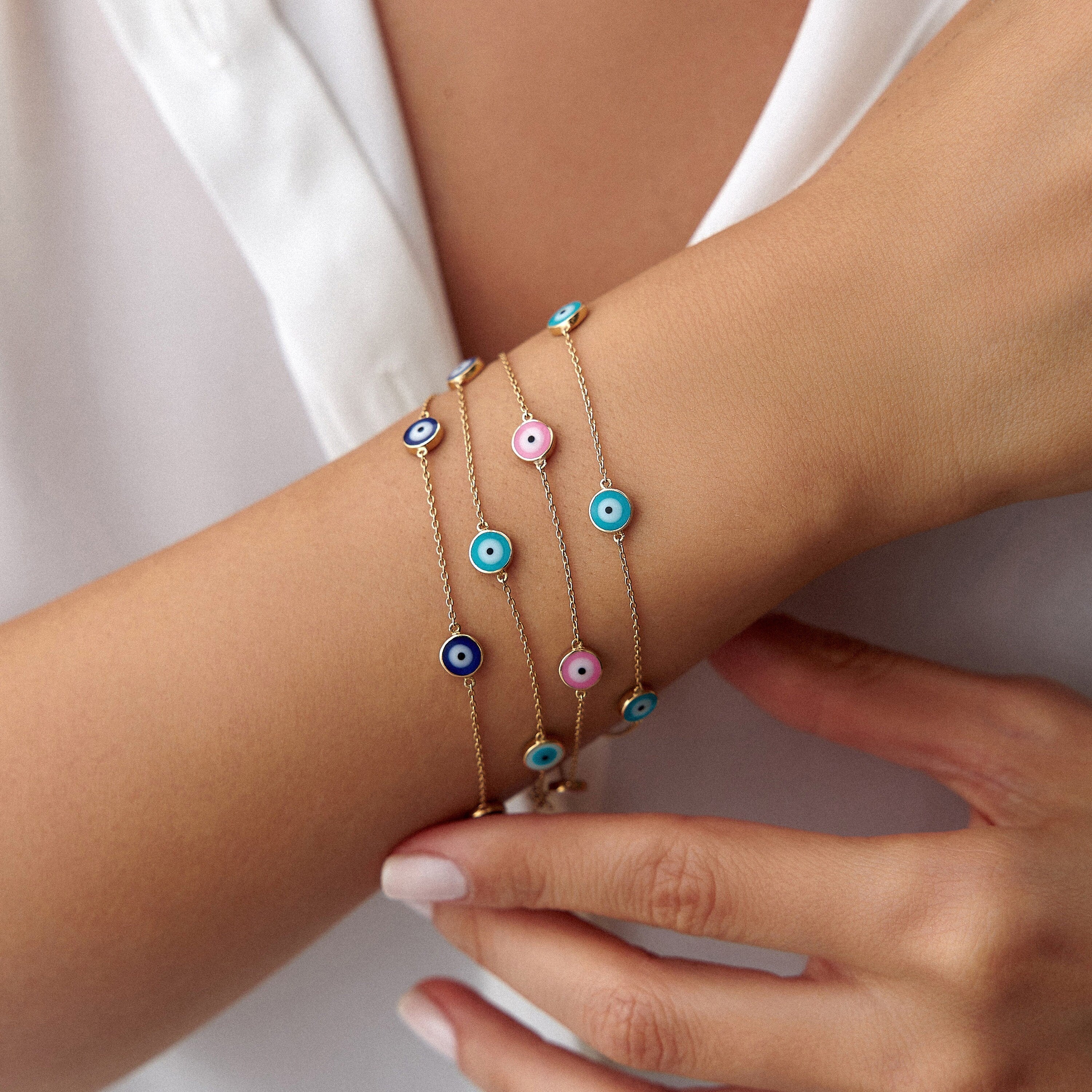 14K Gold Double Sided Evil Eye Bracelet / NAVY BLUE