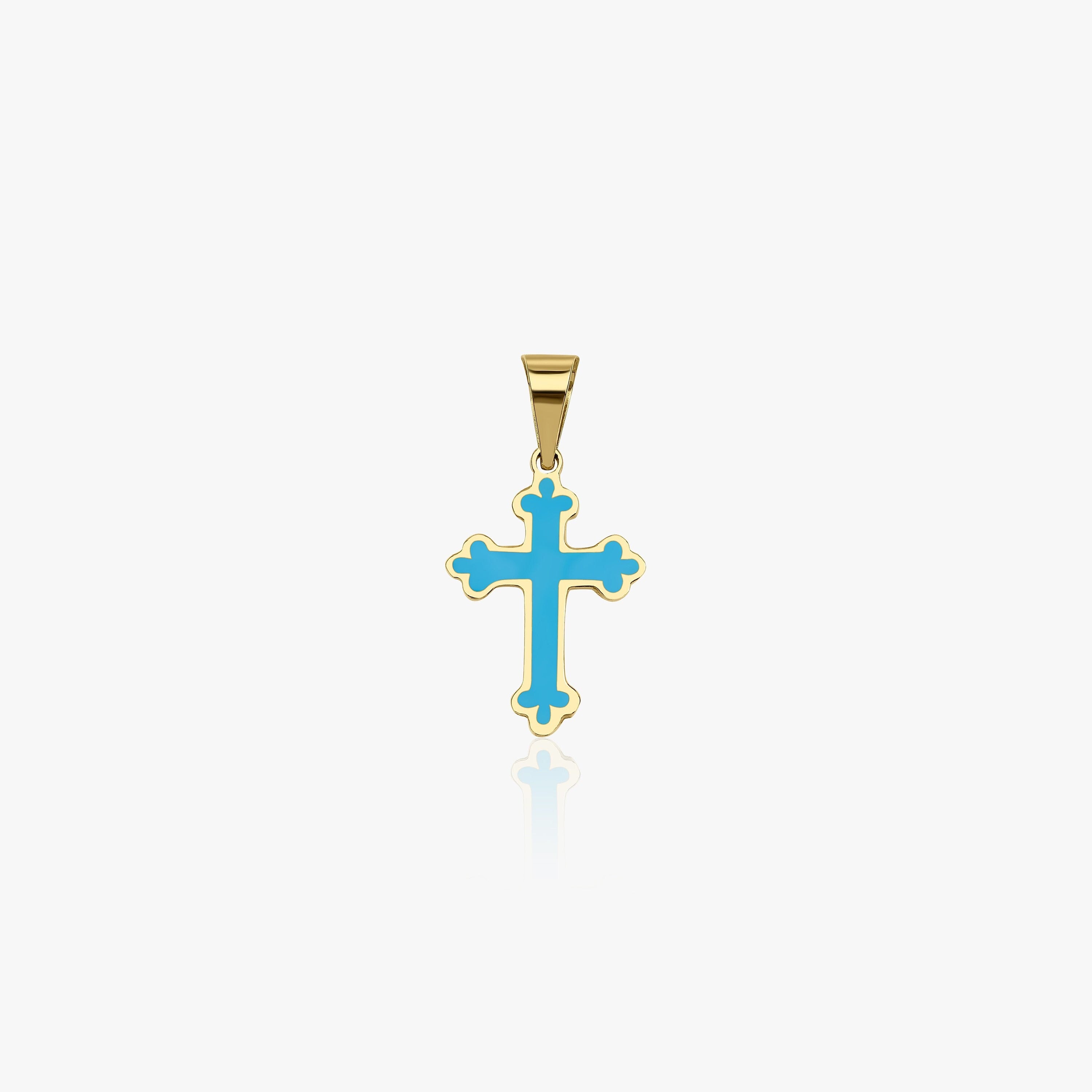 A 14k yellow gold small cross pendant with ocean blue enamel center shown on a white background.