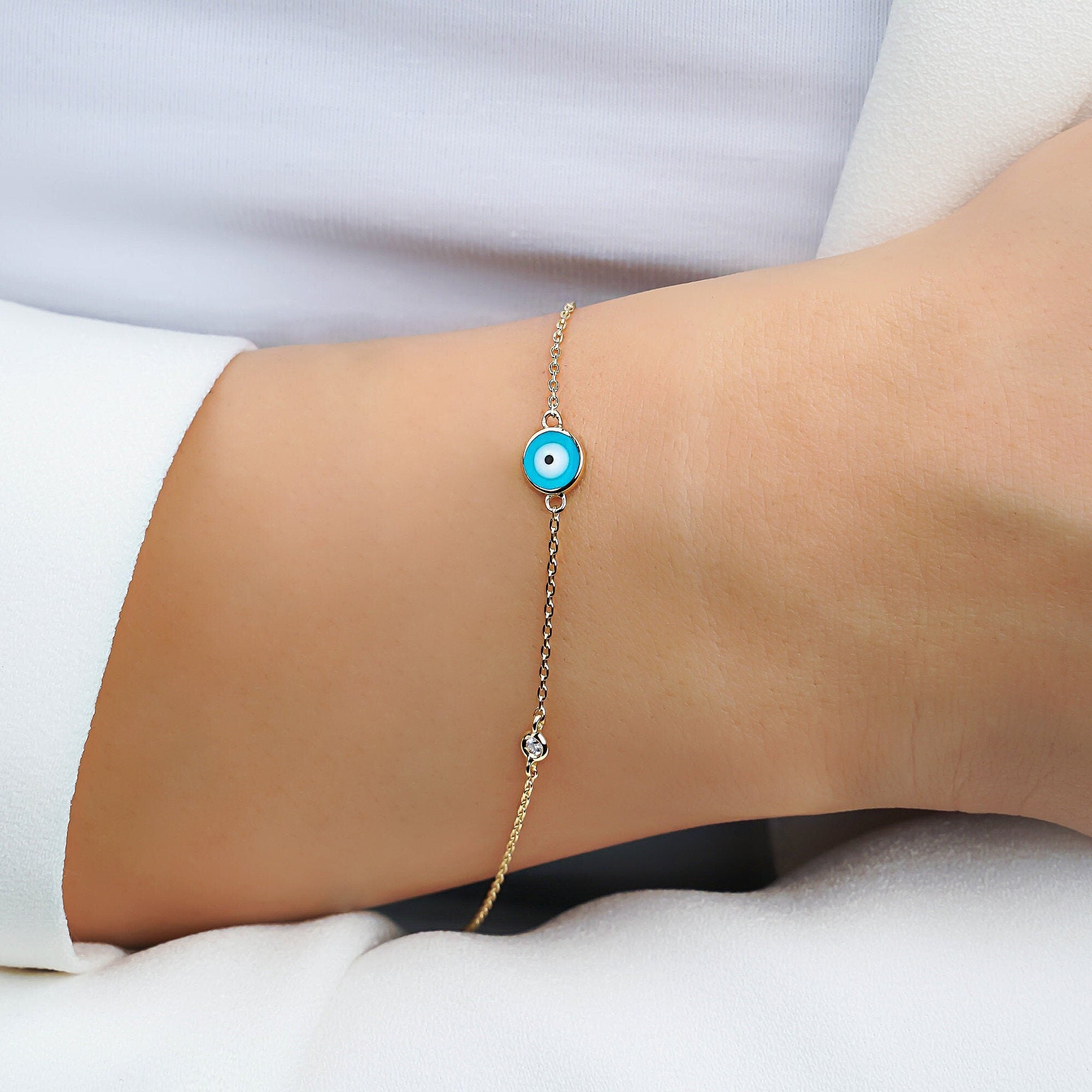 Minimal Diamond Evil Eye Bracelet in 14K Gold / Ocean Blue