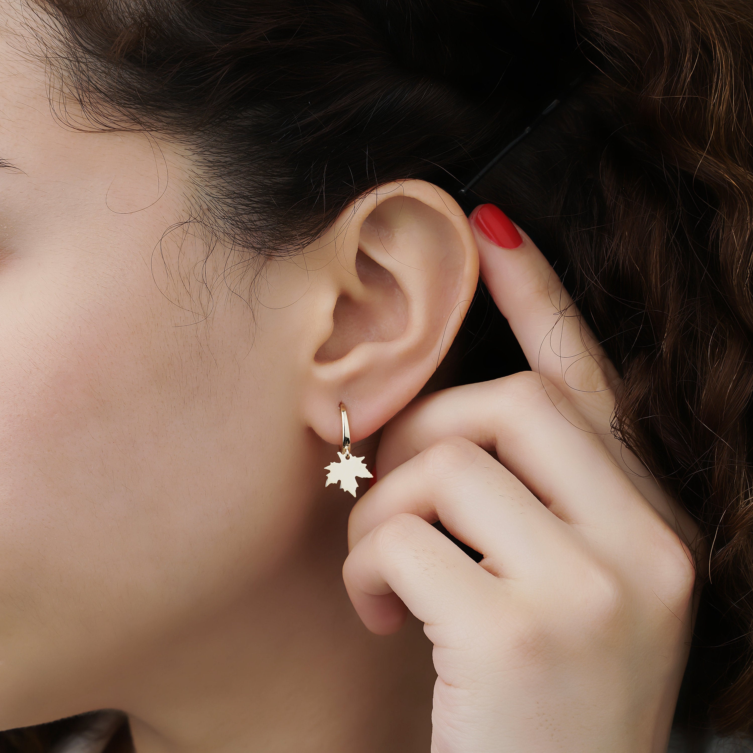Maple Leaf Hoops in 14K Gold