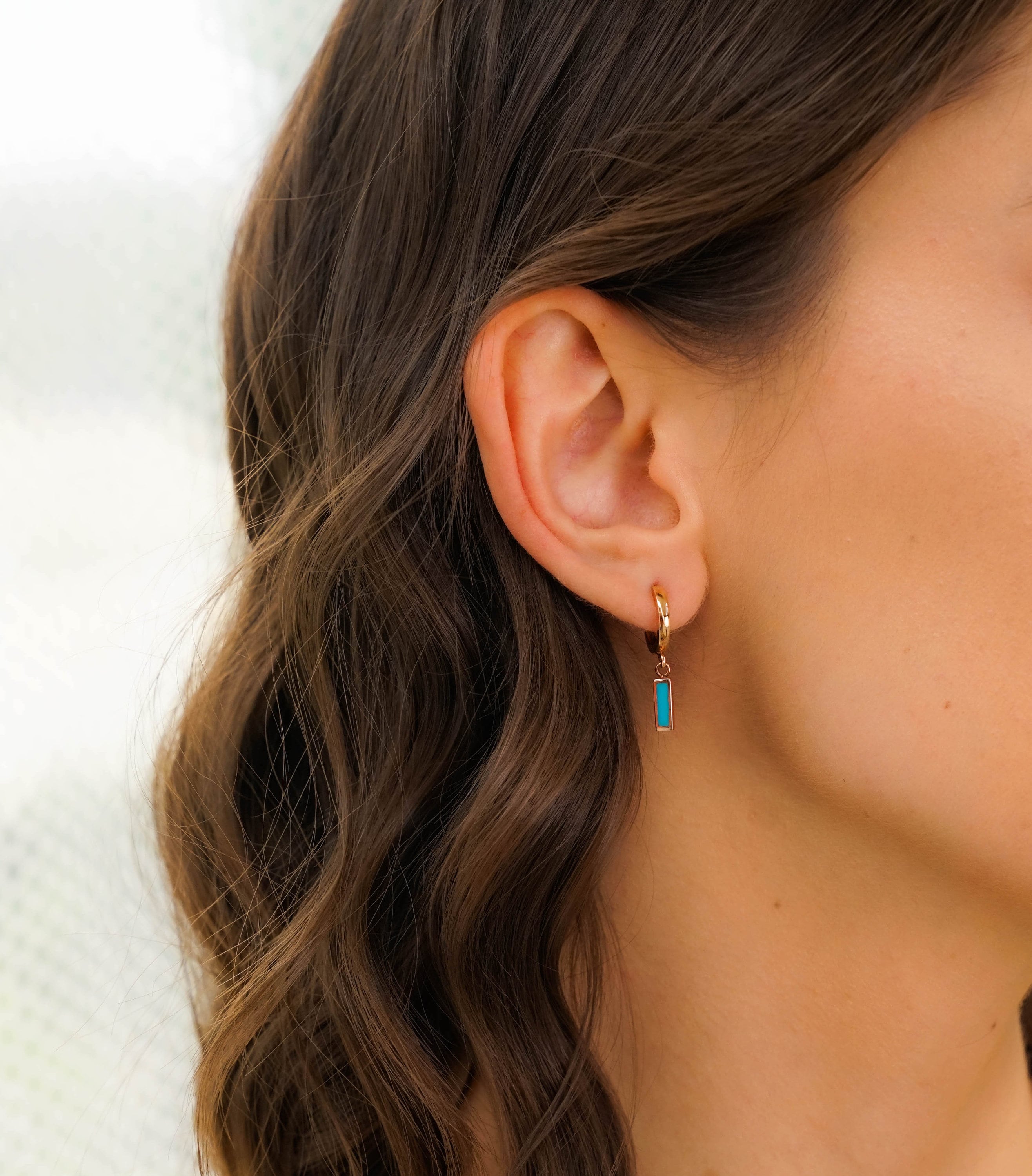 Turquoise Color Dangle Hoop Earrings in 14K Gold