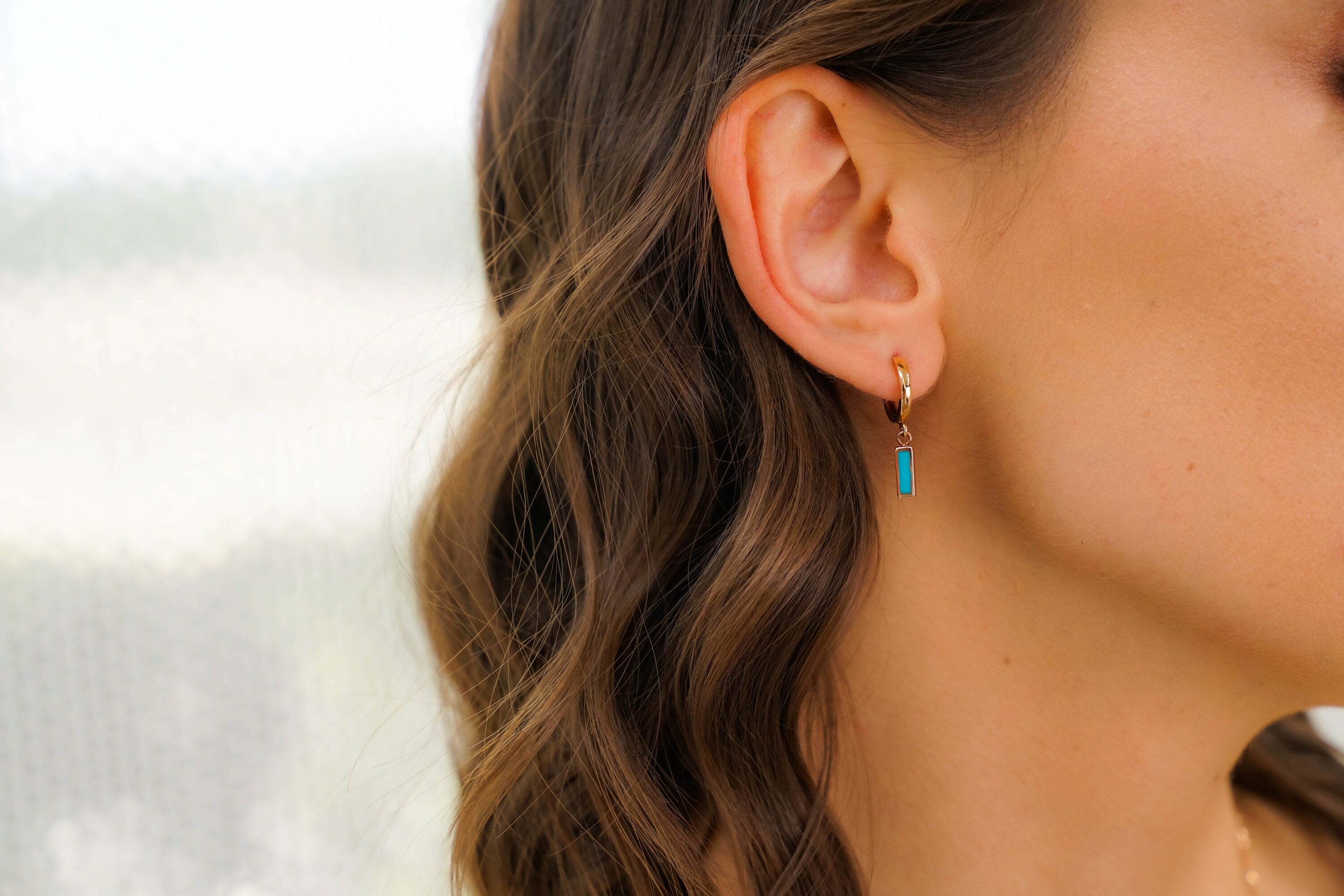 Turquoise Color Dangle Hoop Earrings in 14K Gold